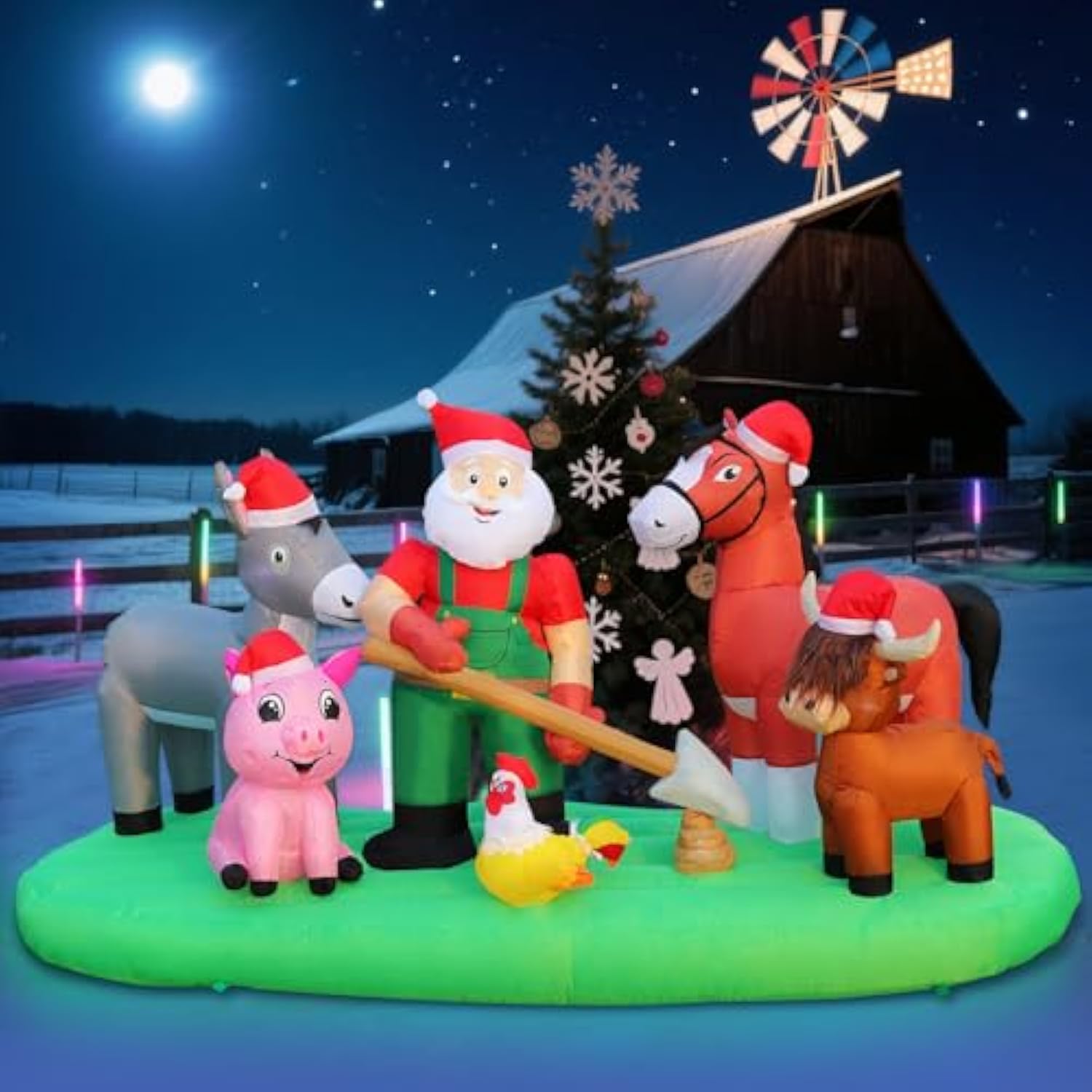 7Ft Christmas Inflatable Blow Up Decorations, Santa Claus Farm Scene With Highland Cow, Clydesdale Horse, Donkey, Rooste