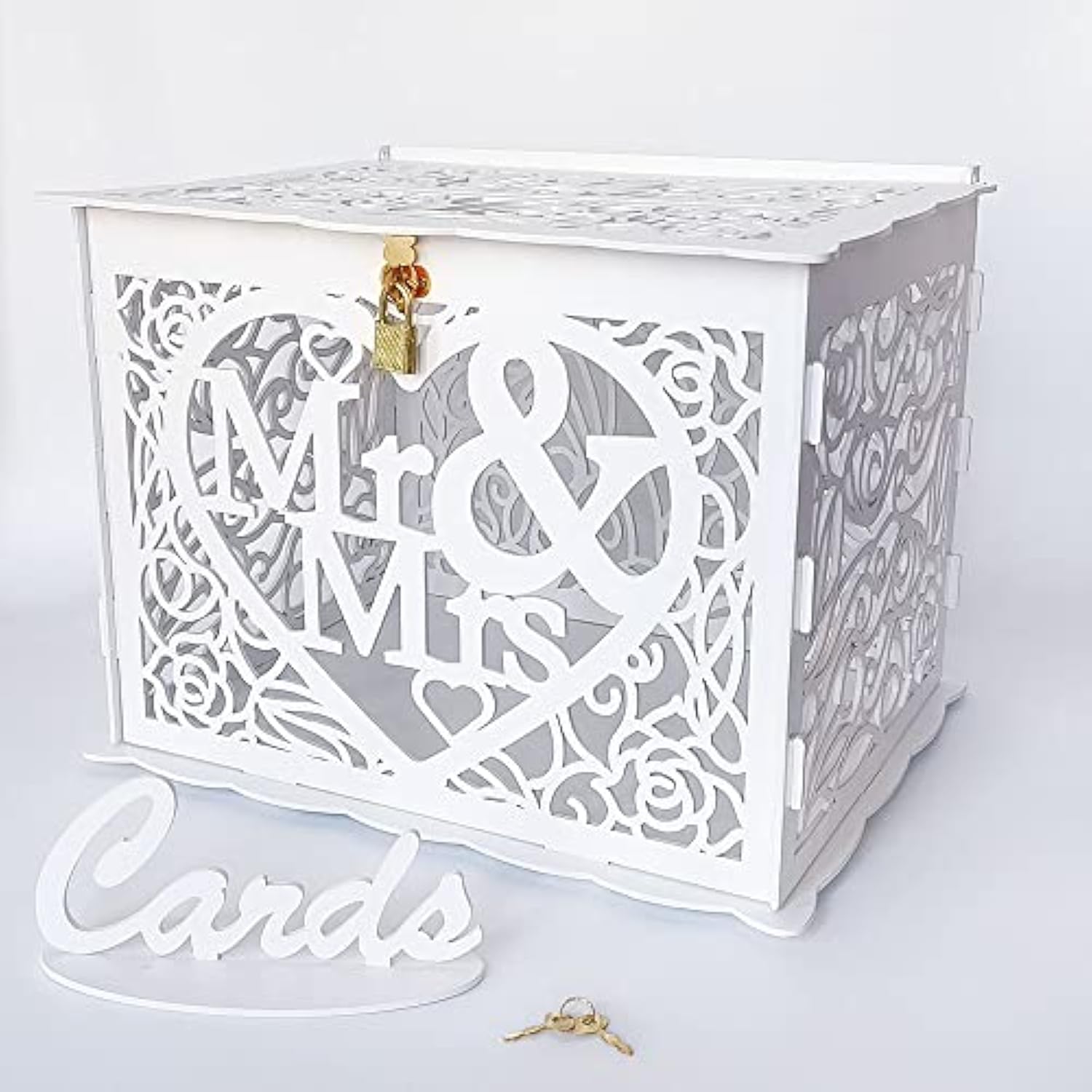 Wedding Money Box Holder With Sign, Large Rustic Wood Wooden Diy Envelop Gift Card Shadow Boxes With Lock Slot For Reception Anniversary Graduation Birthday Party Parties (Mr & Mrs, White)