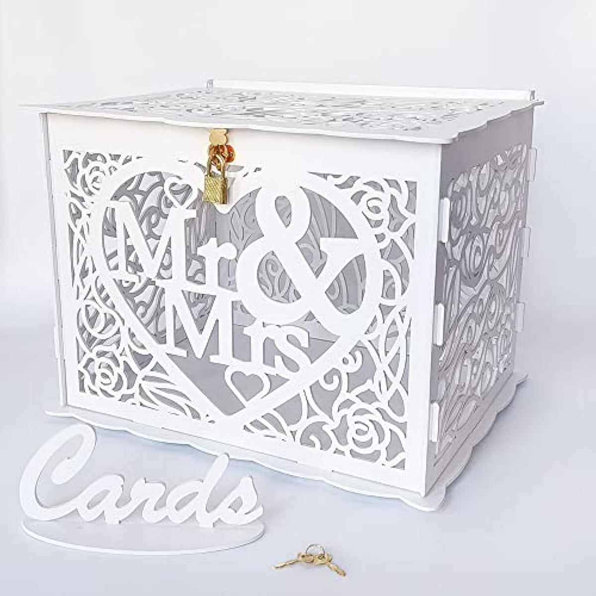 Wedding Money Box Holder With Sign, Large Rustic Wood Wooden Diy Envelop Gift Card Shadow Boxes With Lock Slot For Reception Anniversary Graduation Birthday Party Parties (Mr & Mrs, White)