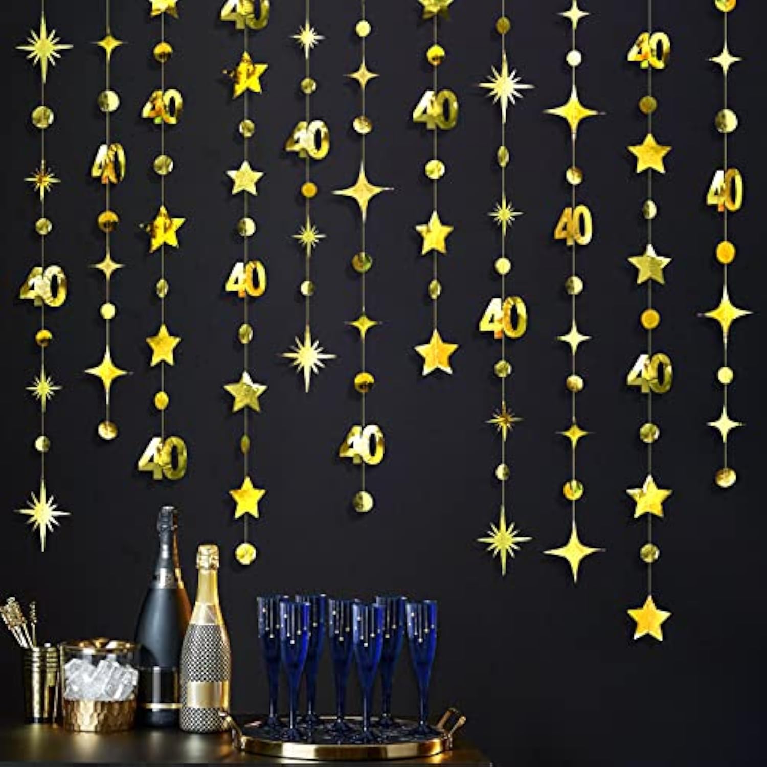 Gold 40Th Birthday Decorations Number 40 Circle Dot Twinkle Star Garland Metallic Hanging Streamer Bunting Banner Backdrop For Women Mens 40 Year Old Birthday Forty Anniversary Party Supplies