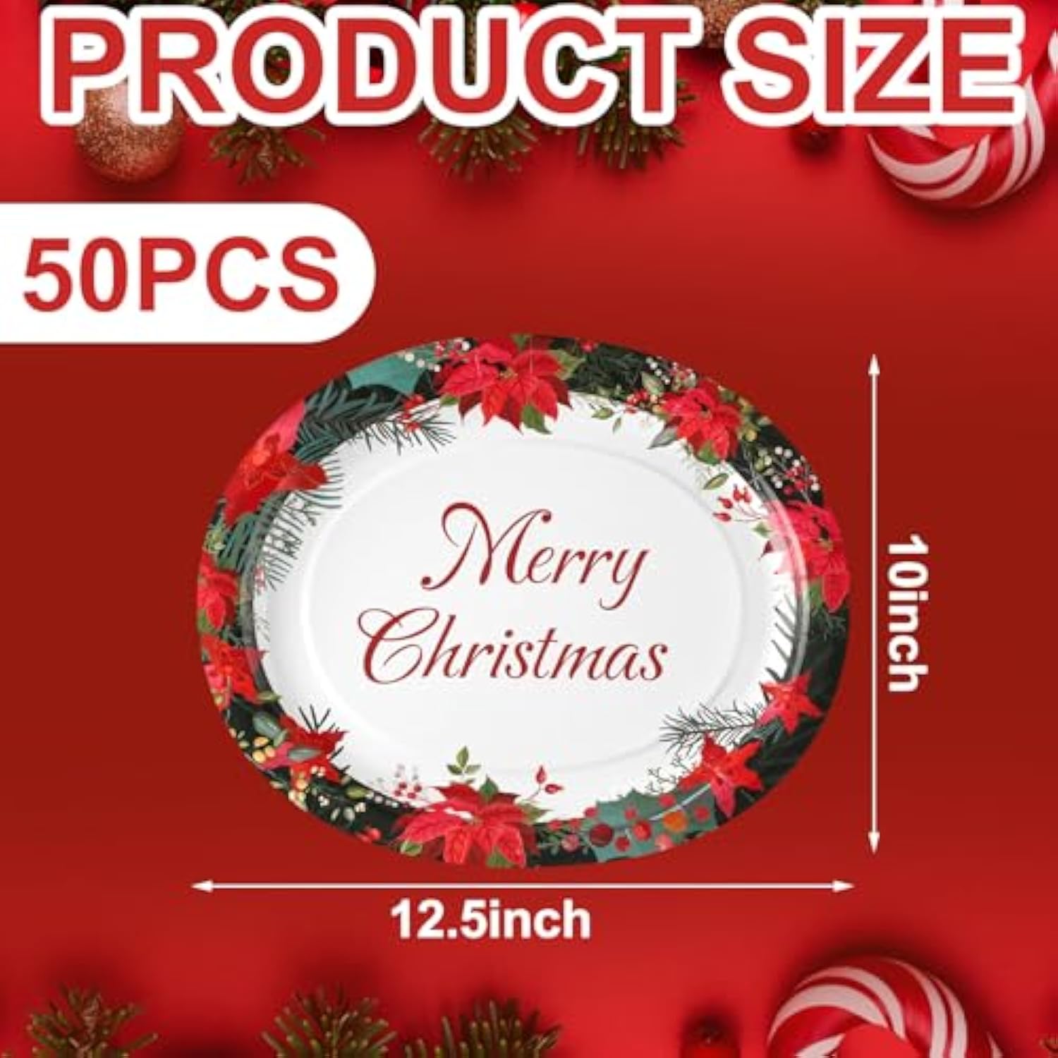 50 Pcs Christmas Paper Plates 10'' X 12'' Oval Disposable Plates Winter Floral Paper Plates Poinsettias Theme Platters For Merry Christmas Supplies Holiday Picnic Dinner Party Tableware