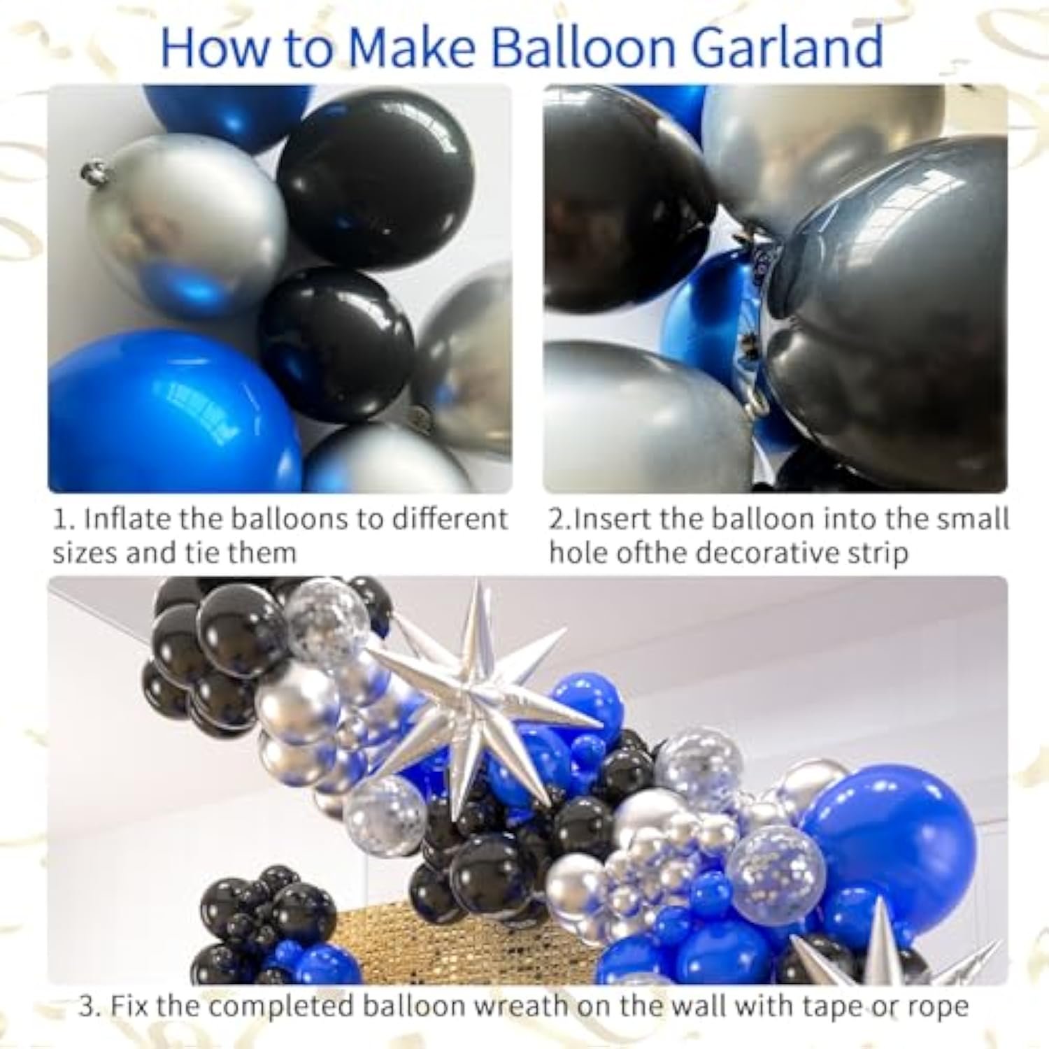 141Pcs Blue And Black Balloons Garland Arch Kit,18 12 10 5 Inch Black Royal Blue Silver Confetti Balloons With Foil Star For Birthday Class Of 2024 Graduation Party Decoration