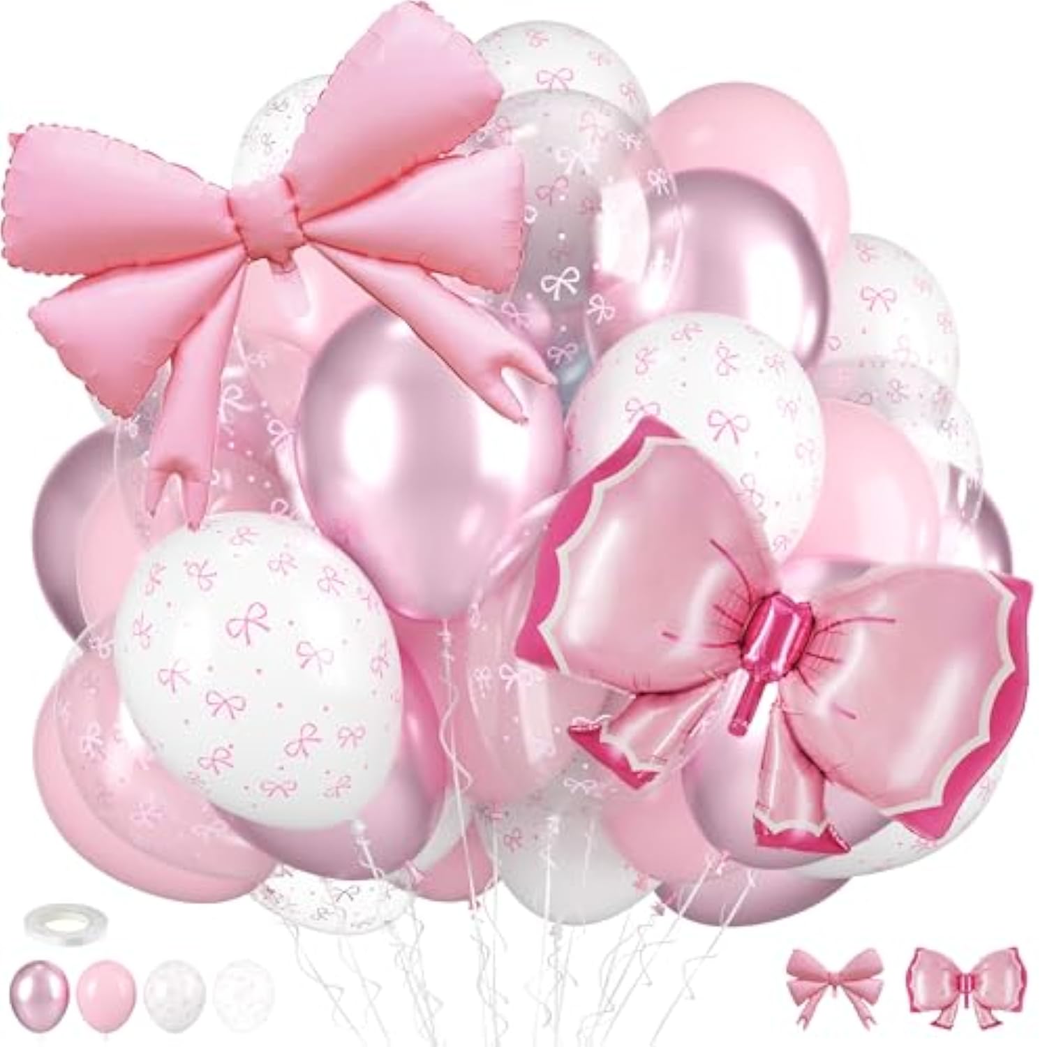 Bow Balloons, Light Baby Pink White Clear Pastel Balloons With Bow Foil Balloon For Girl Princess Women Birthday Party Bachelorette Bridal Engagement Bow Theme Wedding Anniversary Baby Shower Supplies