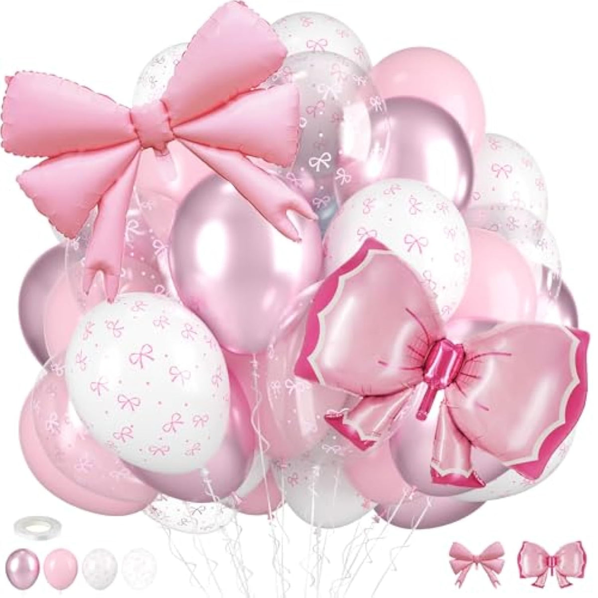 Bow Balloons, Light Baby Pink White Clear Pastel Balloons With Bow Foil Balloon For Girl Princess Women Birthday Party Bachelorette Bridal Engagement Bow Theme Wedding Anniversary Baby Shower Supplies