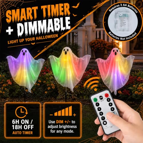 3 Pcs Halloween Lighted Ghost Stakes with Remote Control & Timer, 17.7 inch Glowing Ghost Yard Decorations, LED Outdoor Ghost Pathway Lights, Spooky Lawn Stake Decor for Halloween Yard, Garden,Party