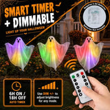 3 Pcs Halloween Lighted Ghost Stakes with Remote Control & Timer, 17.7 inch Glowing Ghost Yard Decorations, LED Outdoor Ghost Pathway Lights, Spooky Lawn Stake Decor for Halloween Yard, Garden,Party
