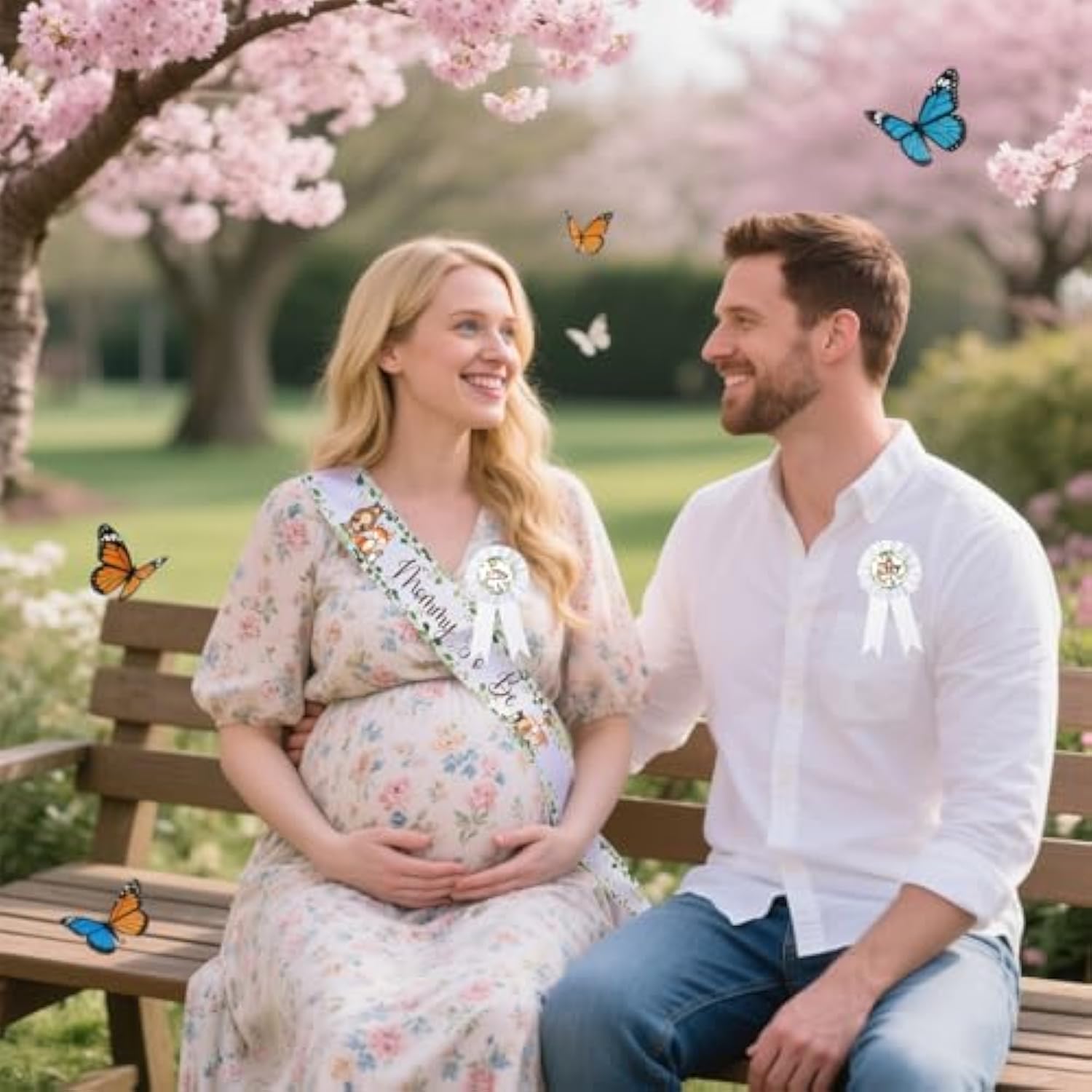 Woodland Animal Theme Mom To Be Sash For Baby Shower Decorations, Dad To Be Pin And Flower Crown Headband Cute Satin Baby Shower Sash For Gender Reveal, Party Favors, Pregnancy Props Keepsake