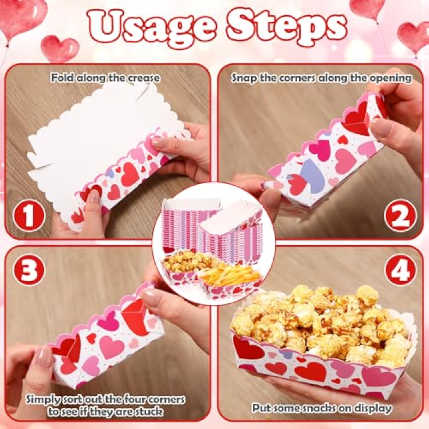 60 Pcs Valentine'S Day Paper Plates Food Trays Pink Red Love Heart Paper Bowls Valentines Disposable Snack Popcorn Serving Boats Holder For Galentines Movie Night Party Supplies(Vivid)