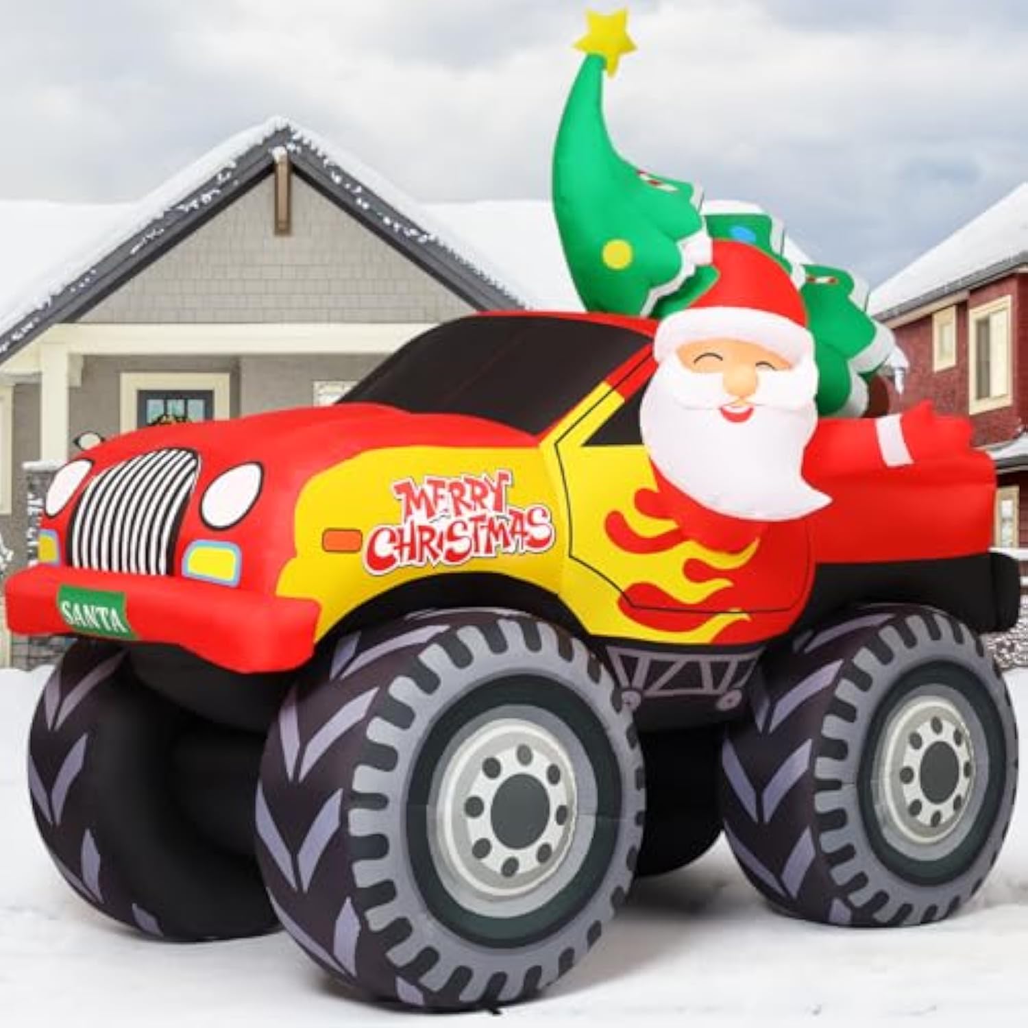 7.2 Ft Long Christmas Inflatables Truck Outdoor Decorations Santa Claus Blow Up With Xmas Tree With Built-In Leds For Pa