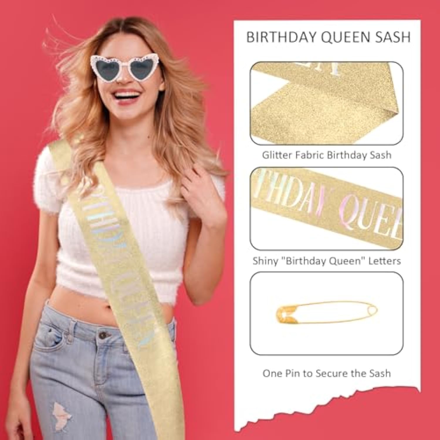 Birthday Sash For Women Girls, Gold Birthday Queen Sash With Glasses For Women Happy Birth Day Decorations For Girls Party Favors Accessories