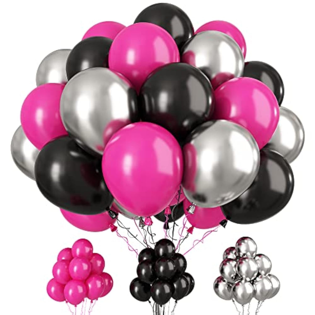 30pcs Hot Pink, Black & Silver Balloons with Ribbons for Birthday, Wedding and Party Decor