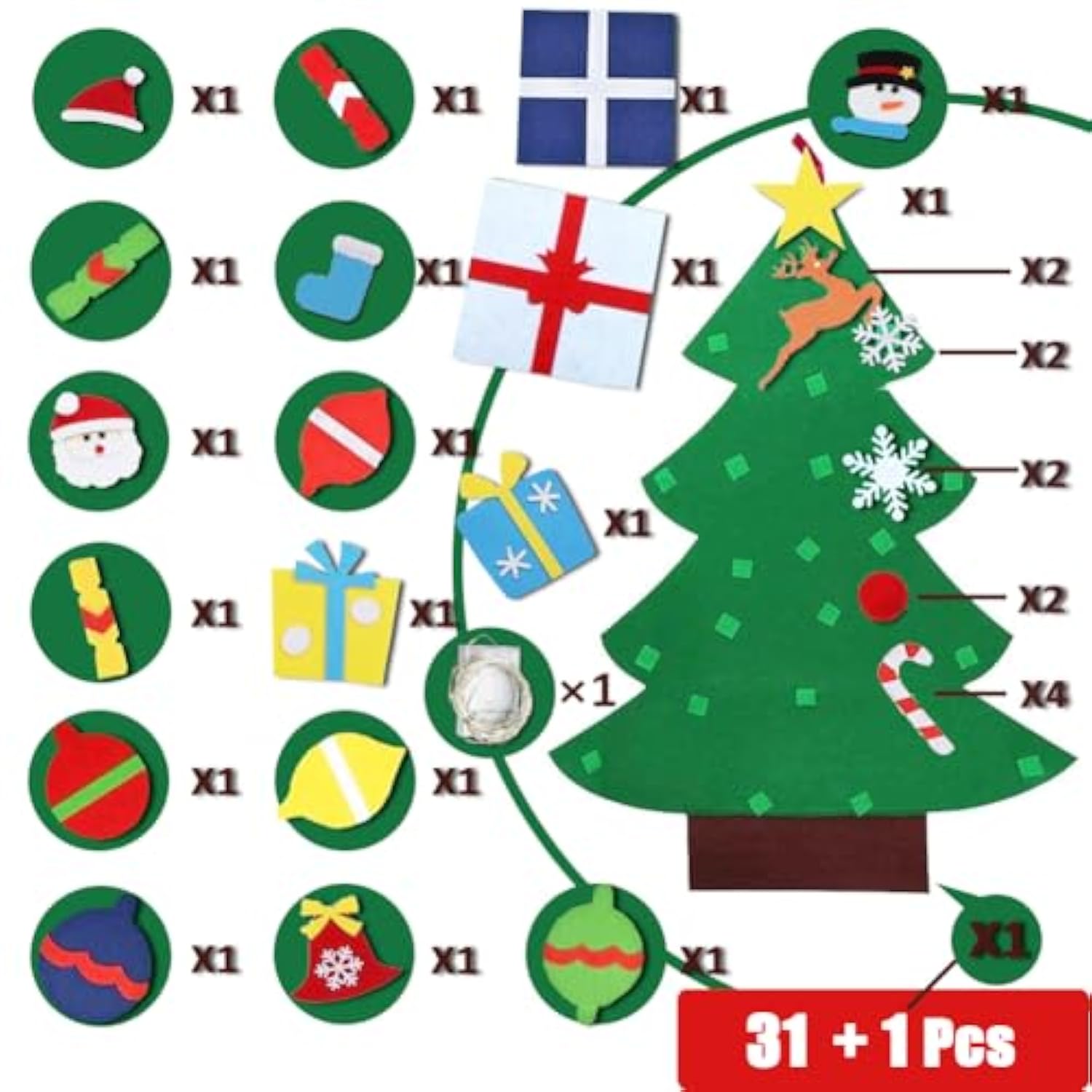 3.3ft Felt Christmas Tree Wall Hanging with 31 Ornaments & Lights
