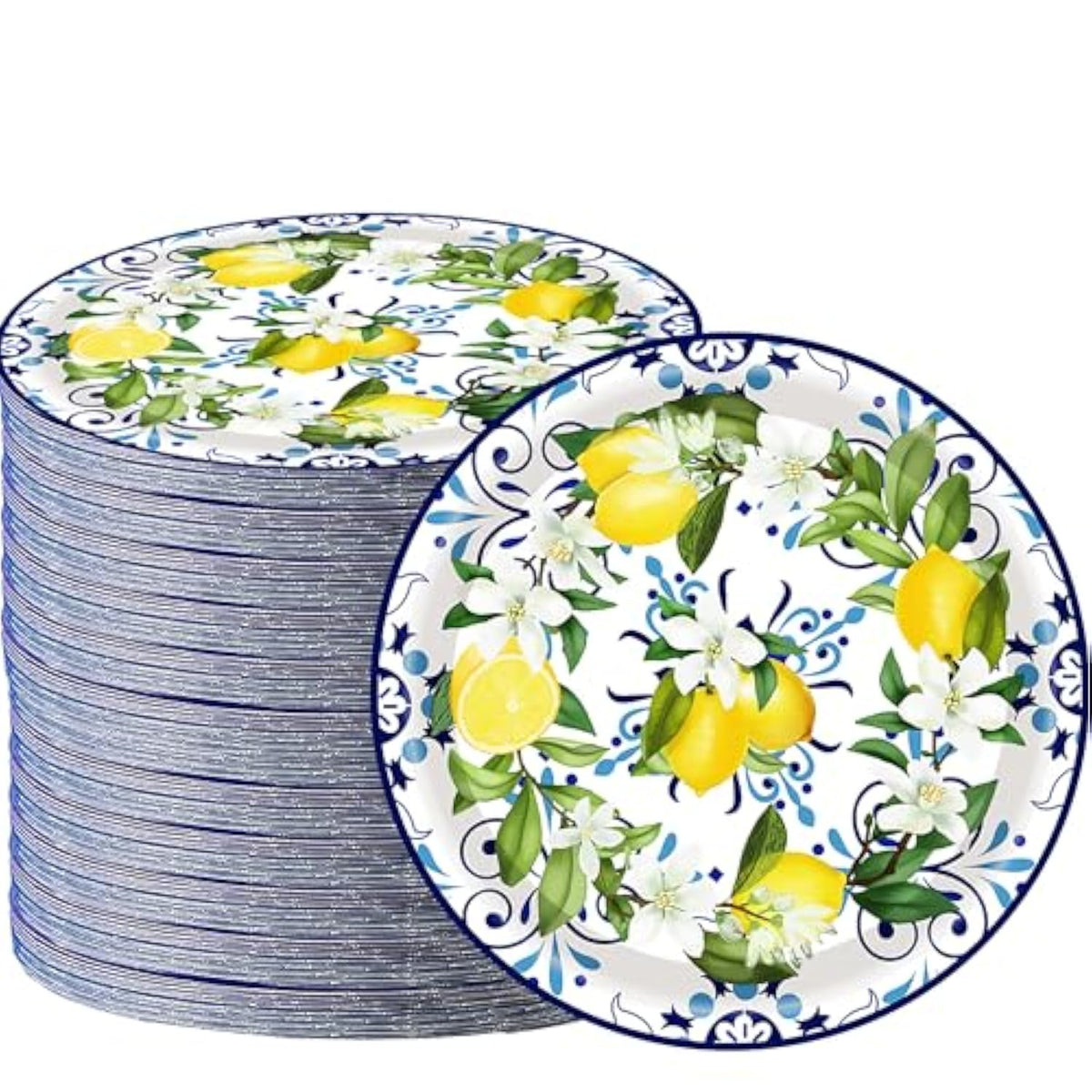 50Pcs Capri Lemon Party Supplies7"Lemon Paper Plates Blue Tiles Yellow Lemon Party Plates Capri Lemon Plates Summer Citrus Fruit Paper Plates For Summer Birthday Lemons Party Decoration (Blue Tile)