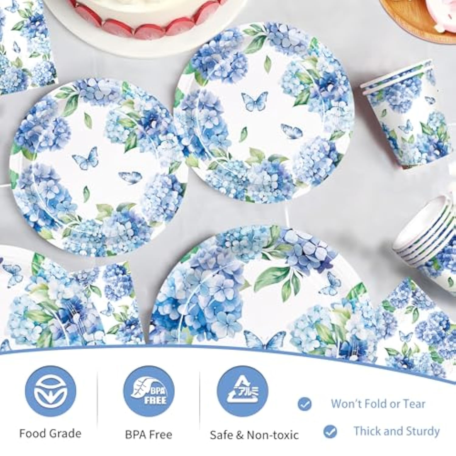 100Pcs Hydrangea Party Supplies Paper Plates Napkins Cups Hydrangea Floral Tableware Set For Summer Wedding Birthday Tea Party Supplies Serve 25 Guests