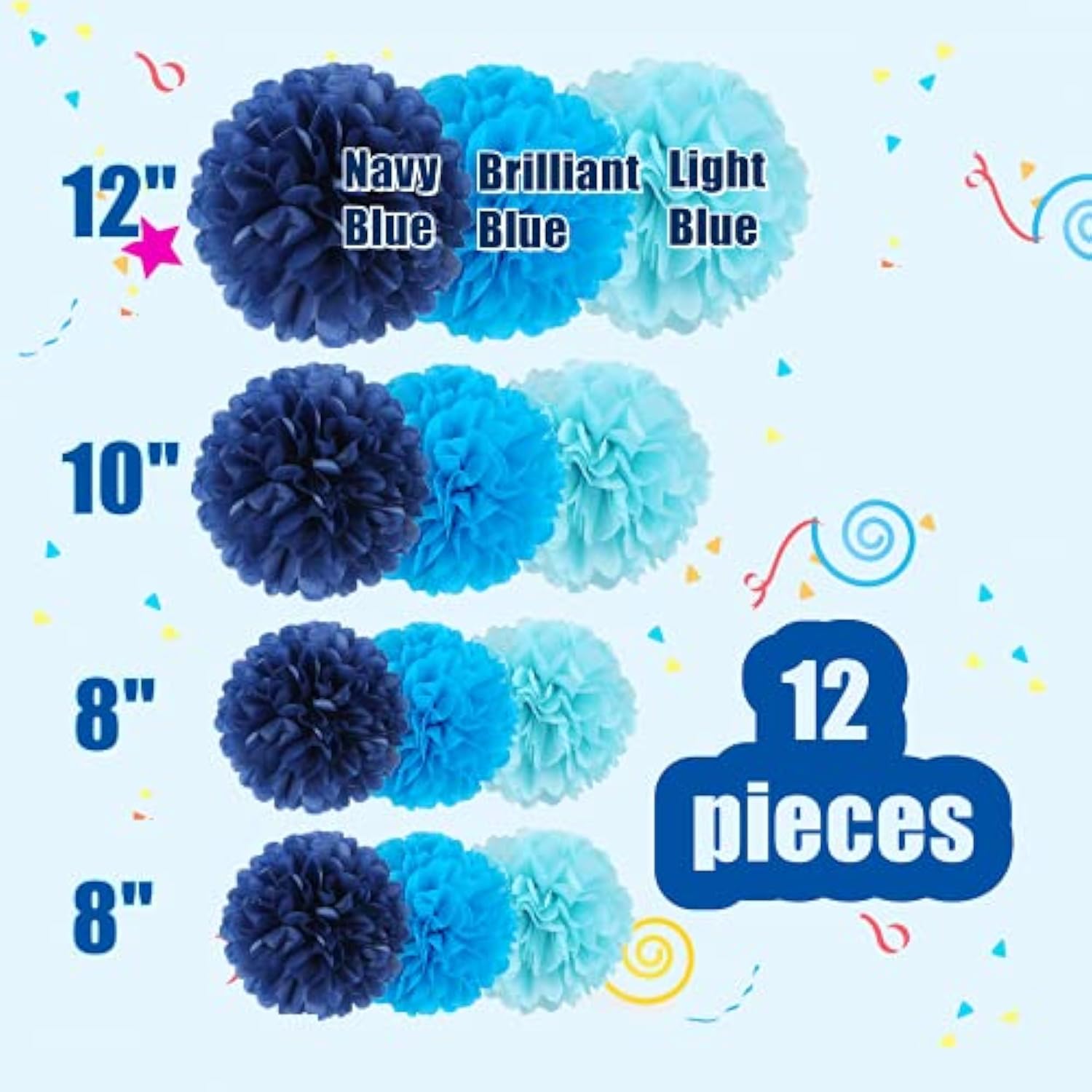12 Pcs Tissue Pom Poms Kit, Tissue Paper Flowers For Birthday, Boy Baby Shower, Nursery, Graduation, Bachelorette Party Decoration (Blue Mix)