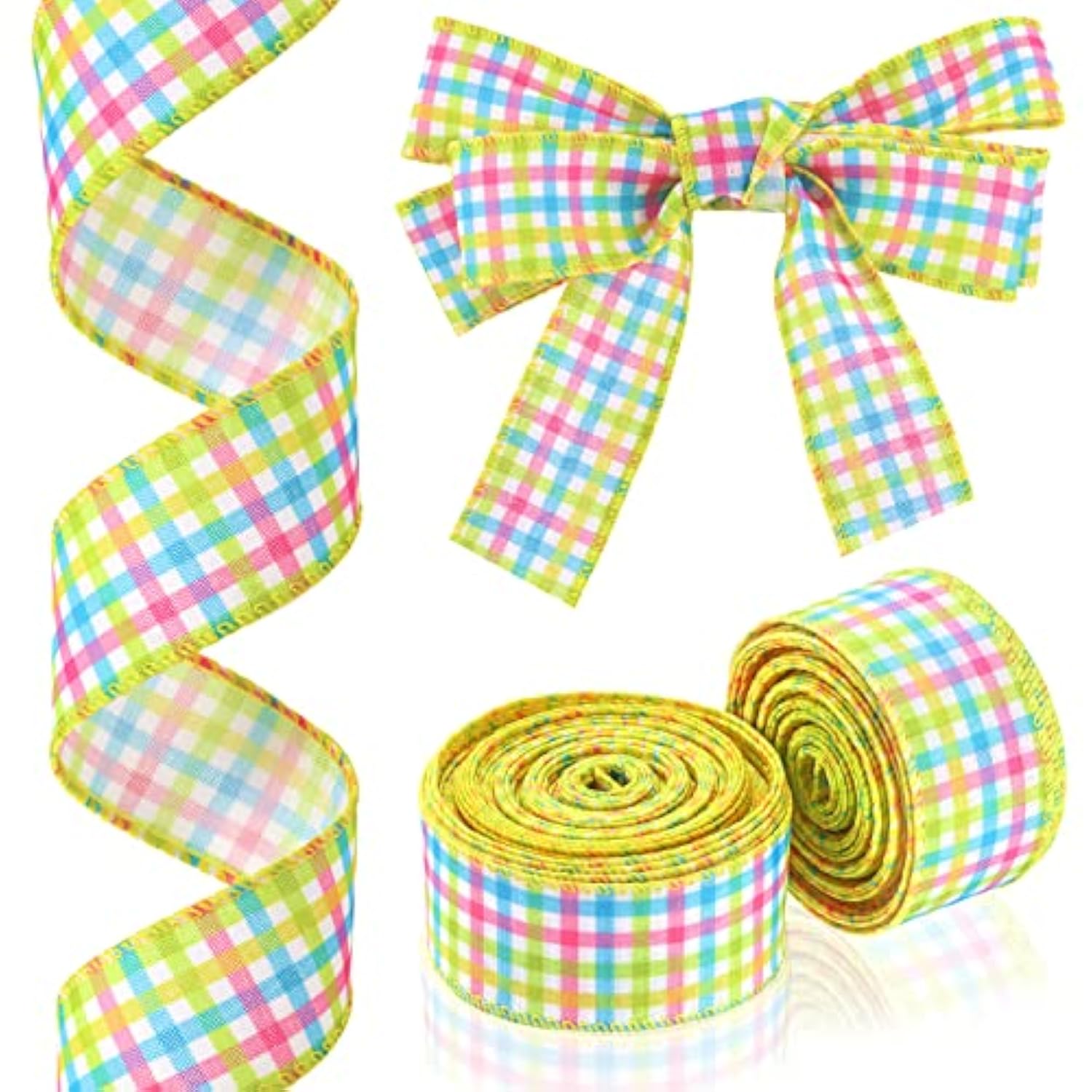 2 Roll 20 Yard Easter Spring Pastel Wired Ribbon, Gingham Ribbon Pink