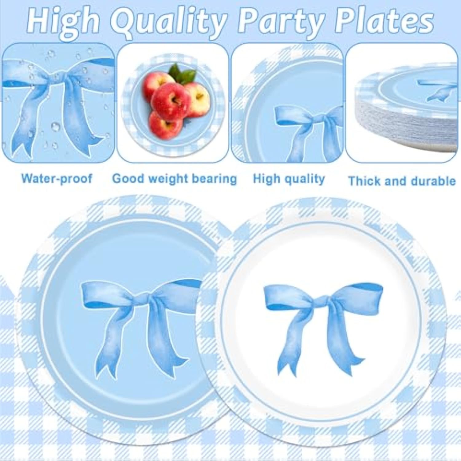 96Pcs Blue Bow Party Plates And Napkins Blue Bow Birthday Supplies For Girl Bachelorette Bridal Engagement Baby Shower Coquette Tableware Dinnerware Serves 24 Guests Party Decorations