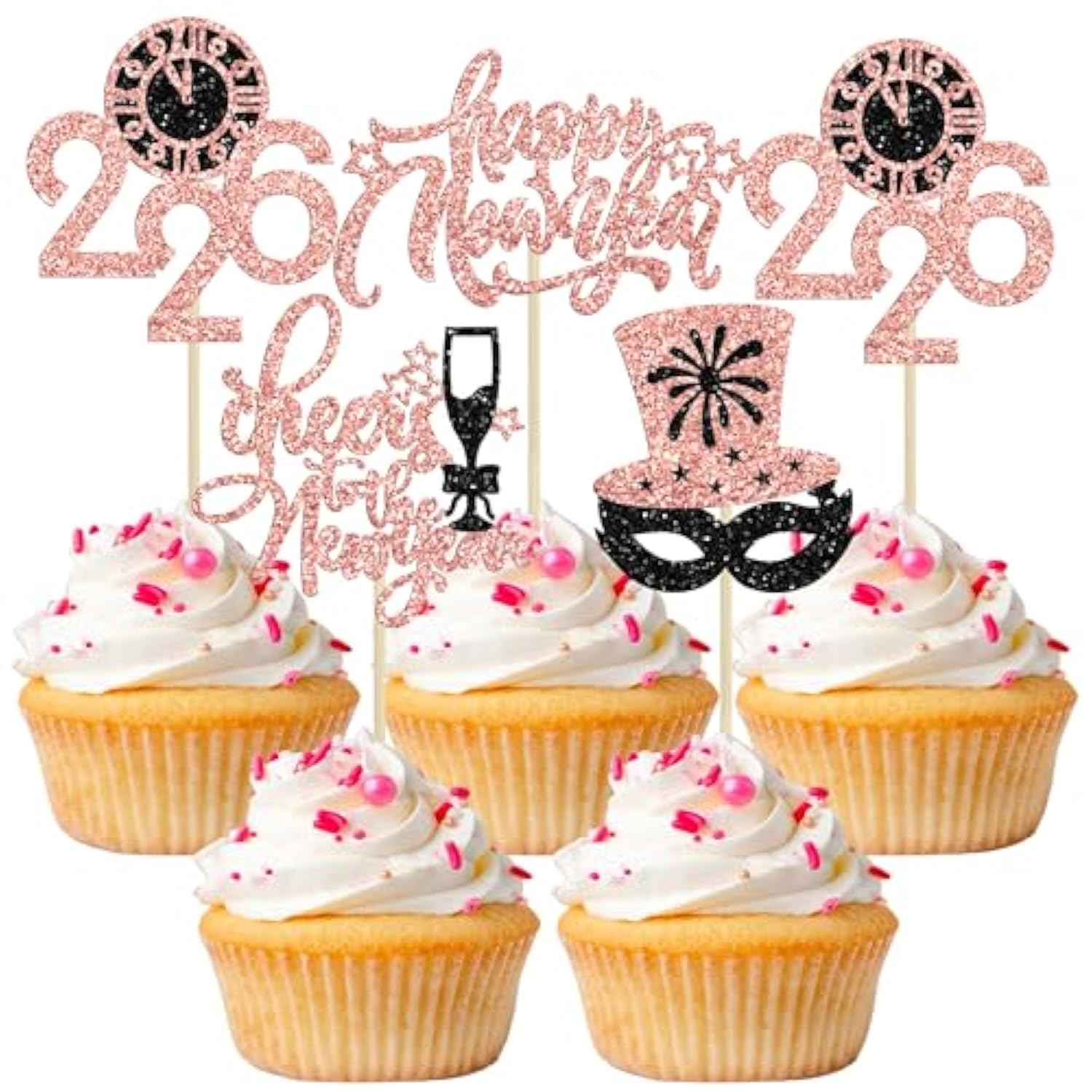 24Pc 2026 Happy New Year Cupcake Toppers Black Rose Gold Party Decor