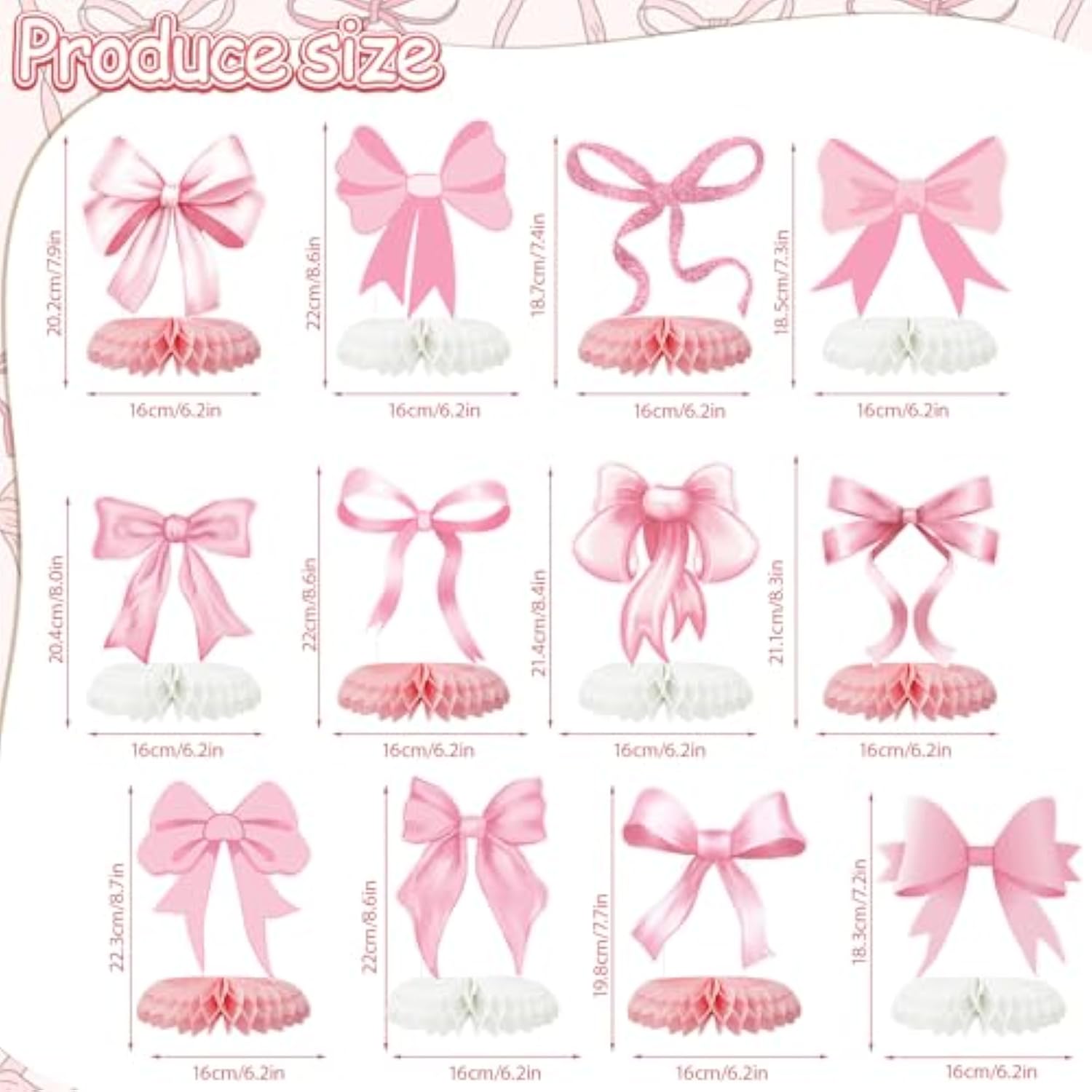 12pcs Pink Bow Honeycomb Centerpieces for Birthday, Bridal & Bachelorette Decor