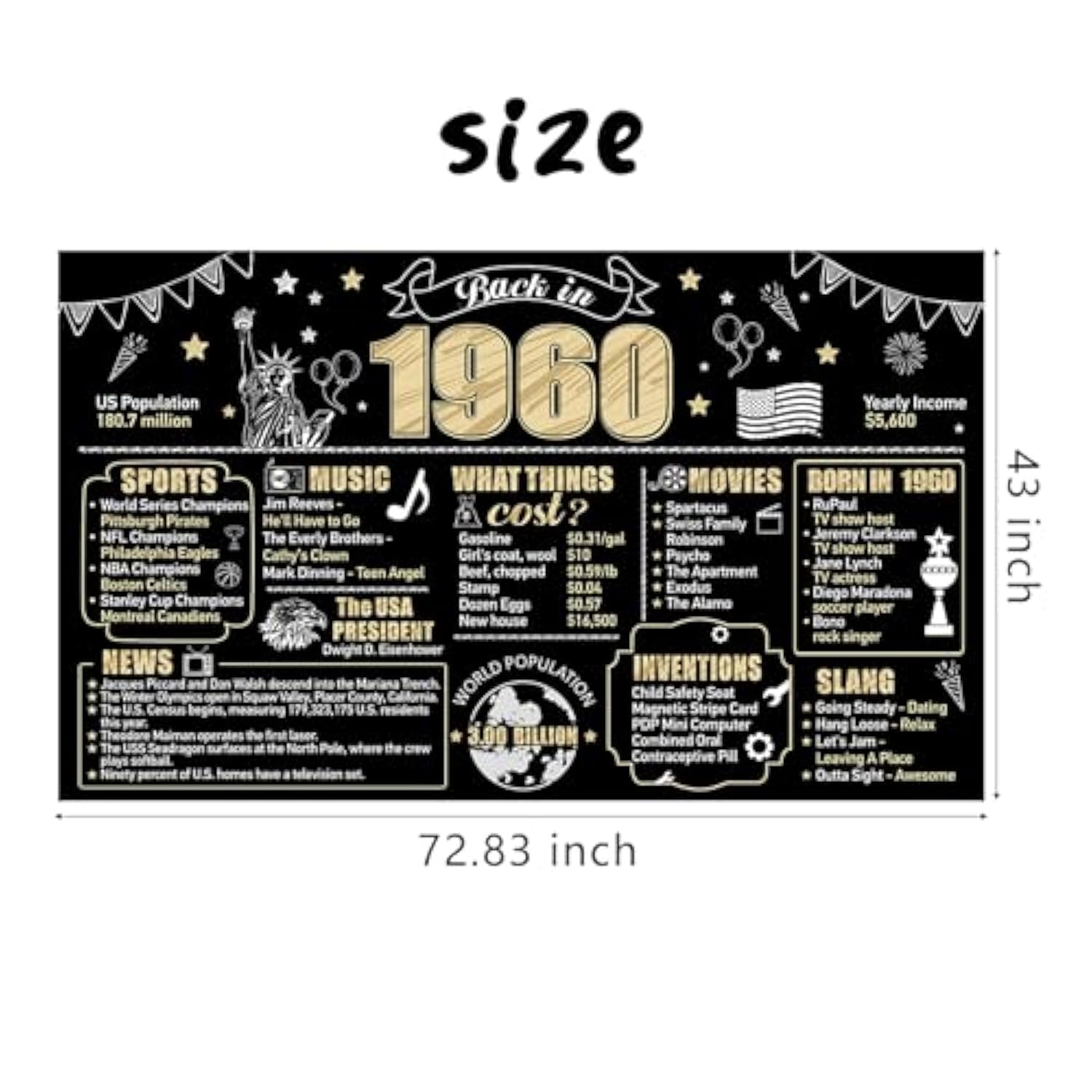 65th Birthday “Back in 1960” Banner – Black & Gold Party Backdrop Decor