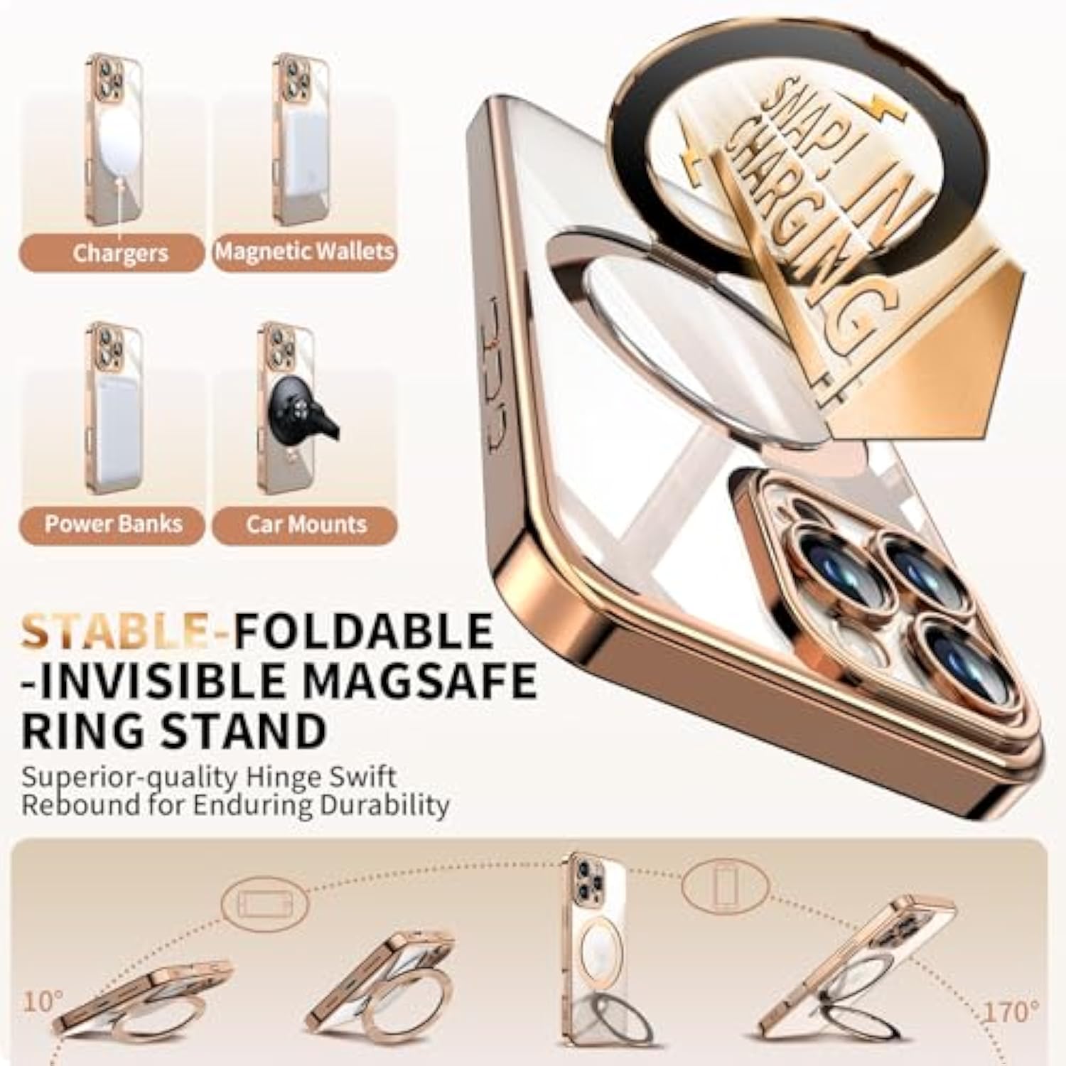 [Never Yellows+Cd Ring With Glitter Card Fit For Magsafe Stand]Magnetic For Iphone 16 Pro Max Case With Camera Lens Protection, Clear Shiny Slim Case For Iphone 16 Promax Women Girls, Desert Titanium