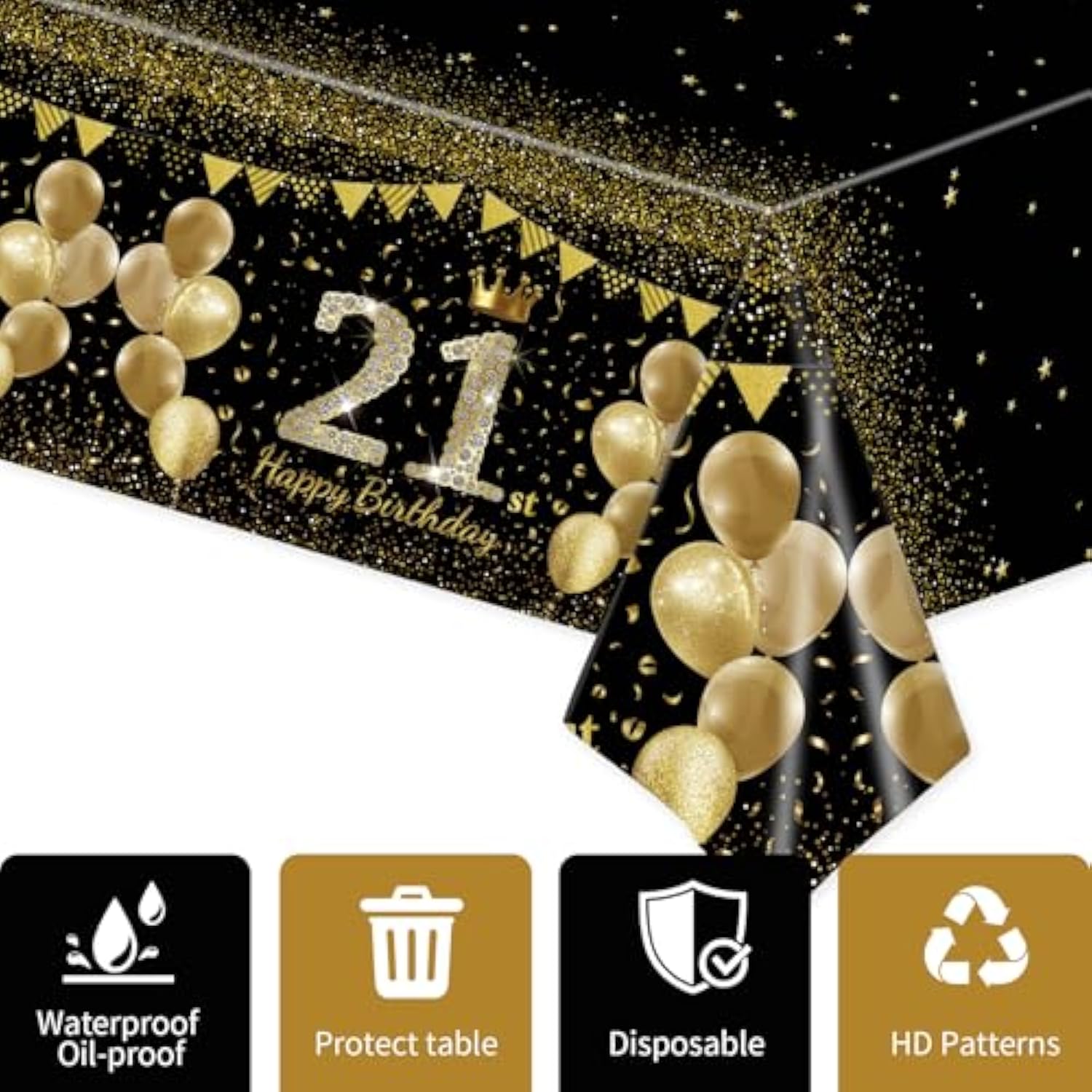 2-Pack 21st Birthday Tablecloths Black Gold 54x108 Inch Disposable Cover