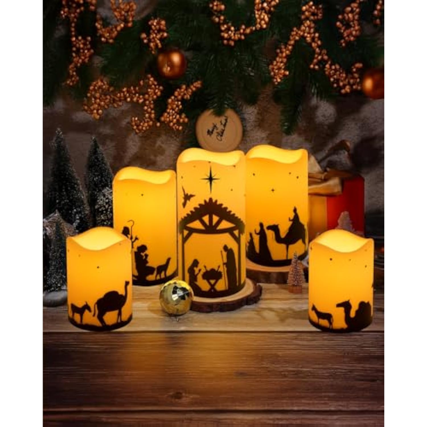 Christmas Nativity Scene Decorations Christmas Religion Led Flameless Candles With Timer For Xmas Holiday Home Decor Supplies Set Of 5 (Beige)