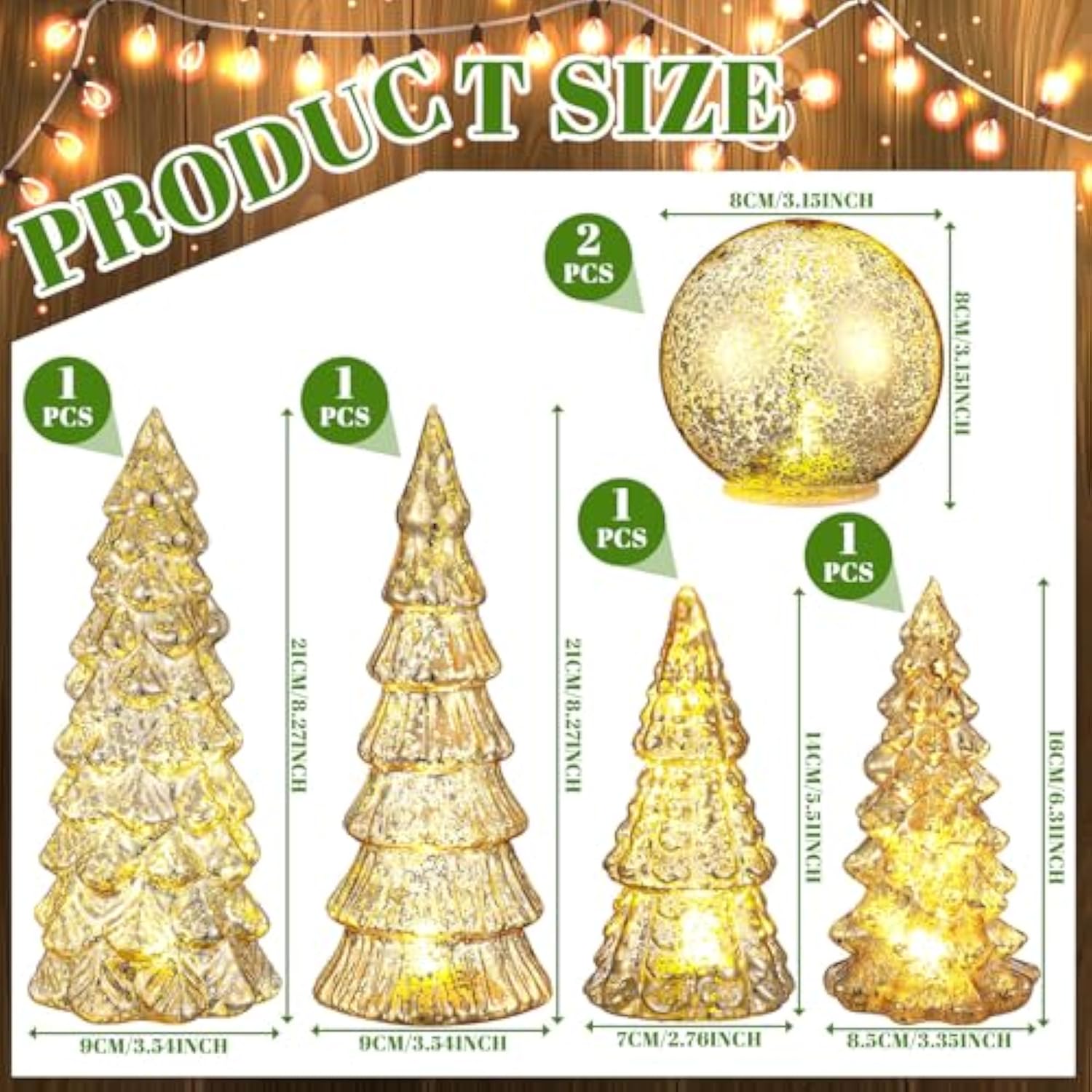 6 Pcs Gold Mercury Glass Christmas Tree For Tabletop Light Up Figurine Christmas Tree Mercury Cracked Glass Globe With Light For Xmas Decor Home Party Centerpiece Mantel Gift