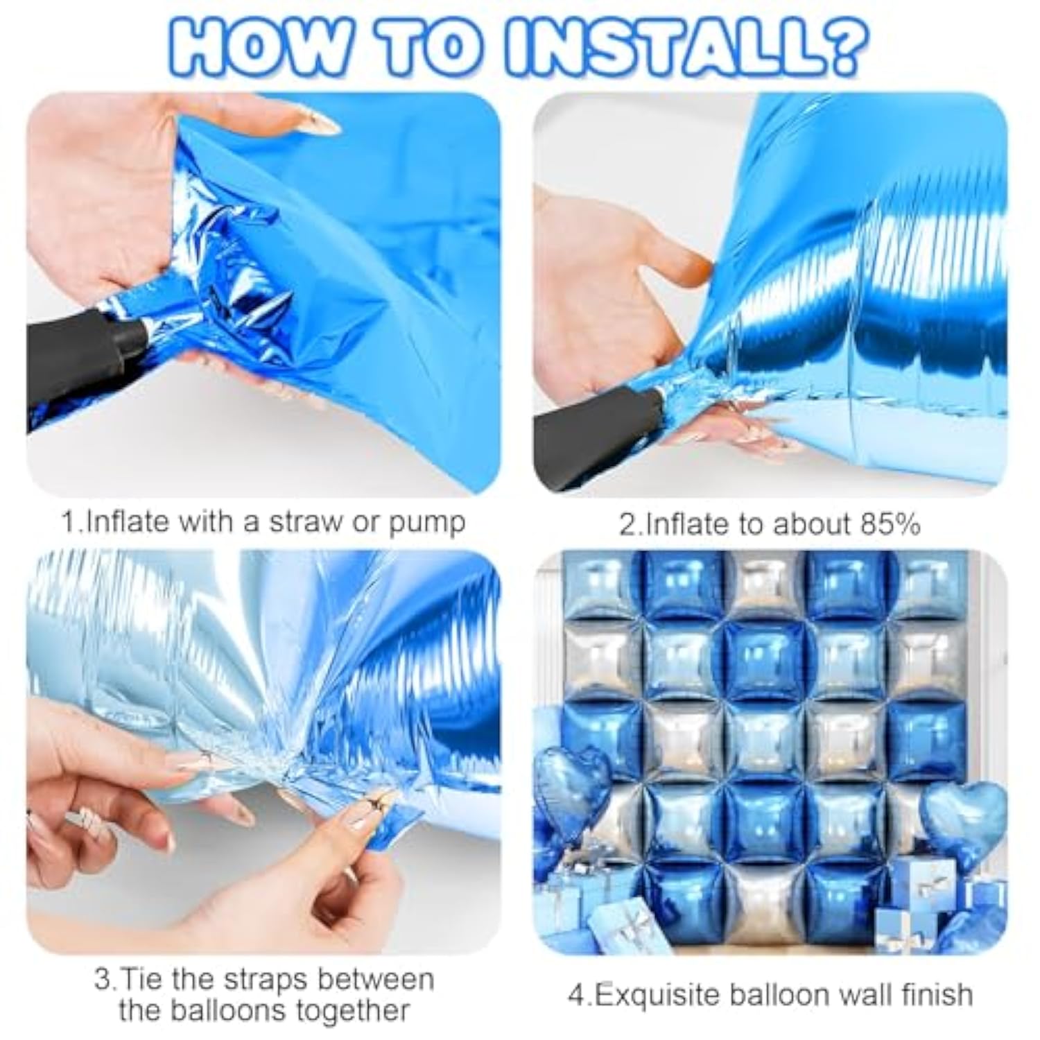 25Pcs Blue Silver Square Foil Balloon Wall Backdrop Arch Kit for Parties