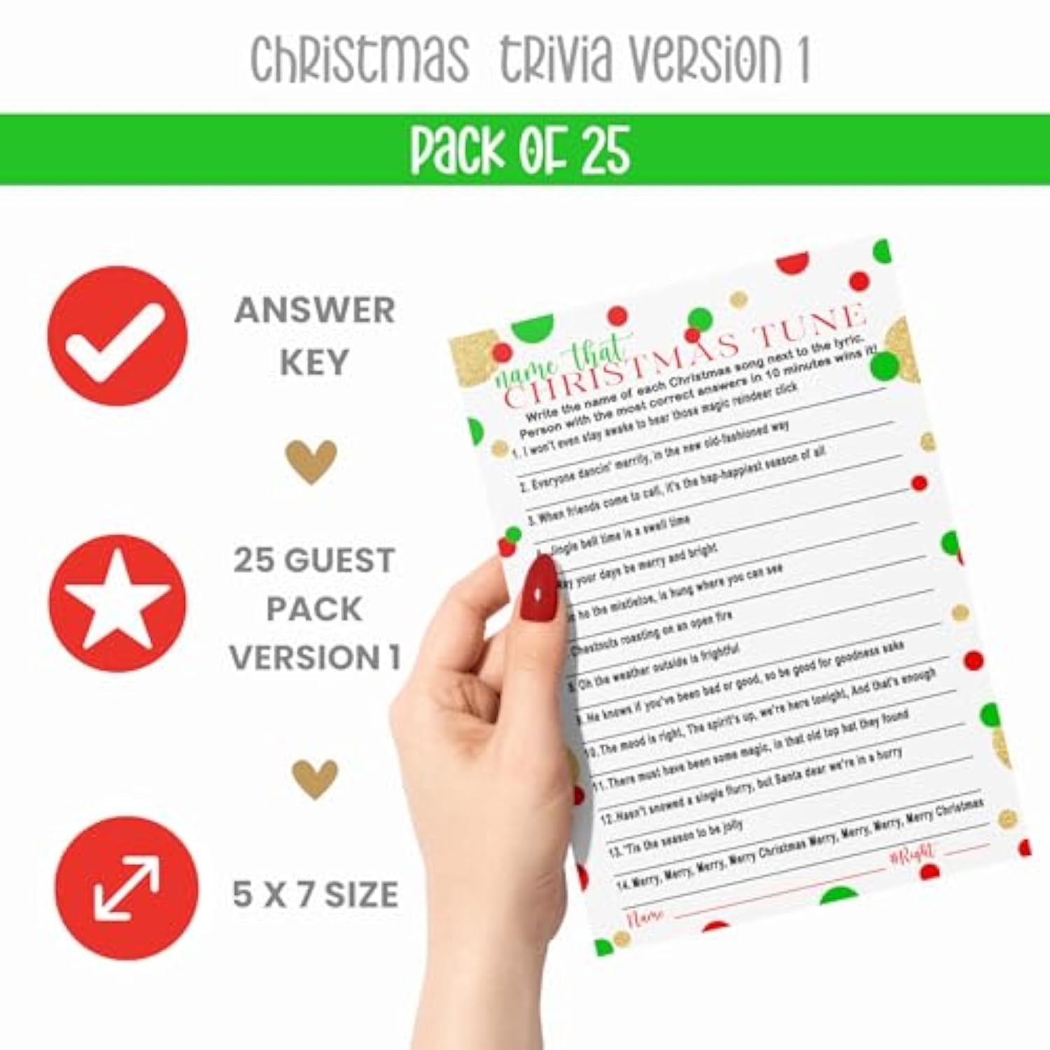 Christmas Song Game Trivia Fun Holiday Party Activity For Adults, Groups, Thanksgiving, Red And Green, 5X7 Cards, 25 Guests, Version 1