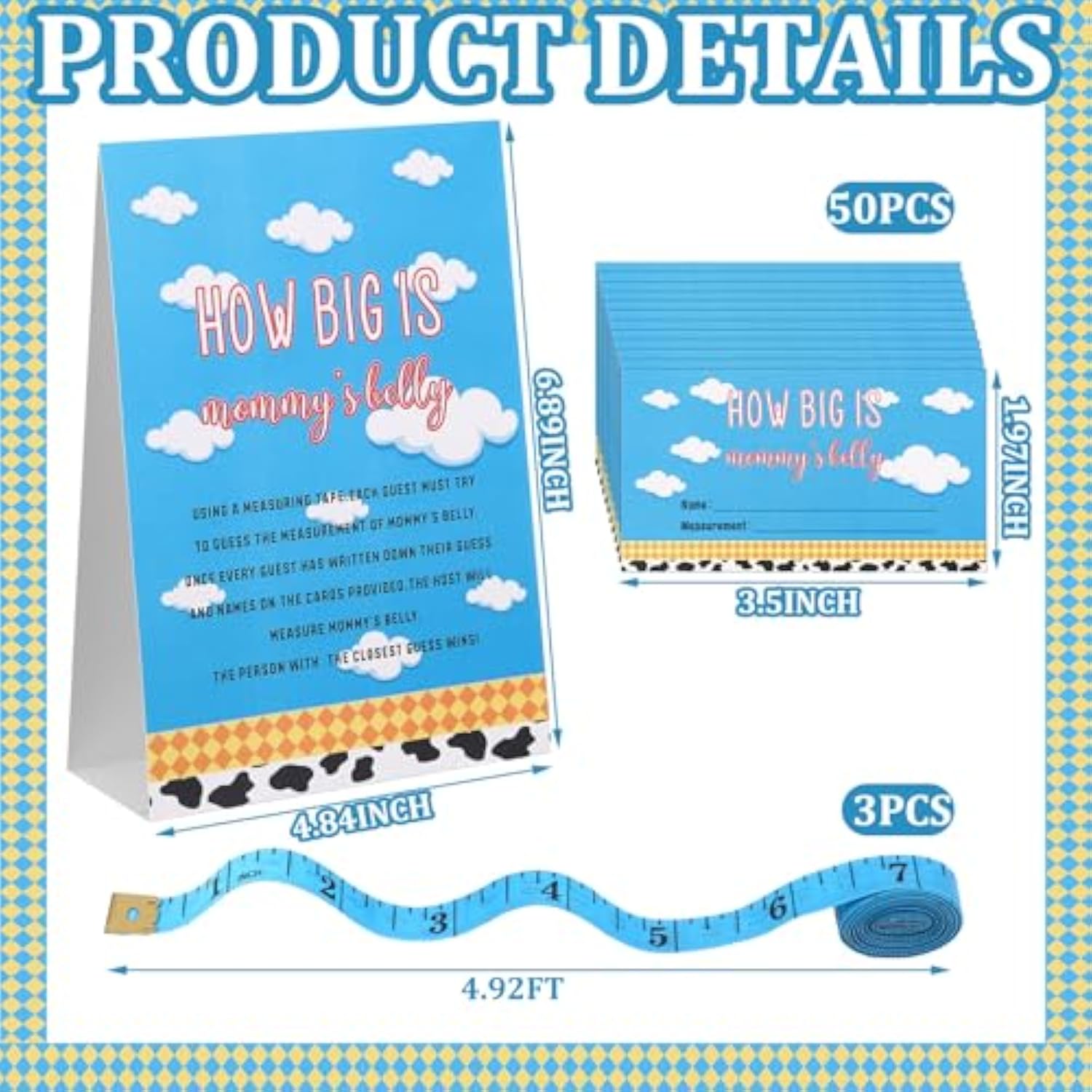 54 Pcs Cartoon Blue Sky Baby Shower Games Pink Bow Measure Belly Bump Party Games Include How Big Is Mommy'S Belly Sign 50 Guessing Cards 3 Measuring Tapes For Baby Shower Party(Blue Sky)