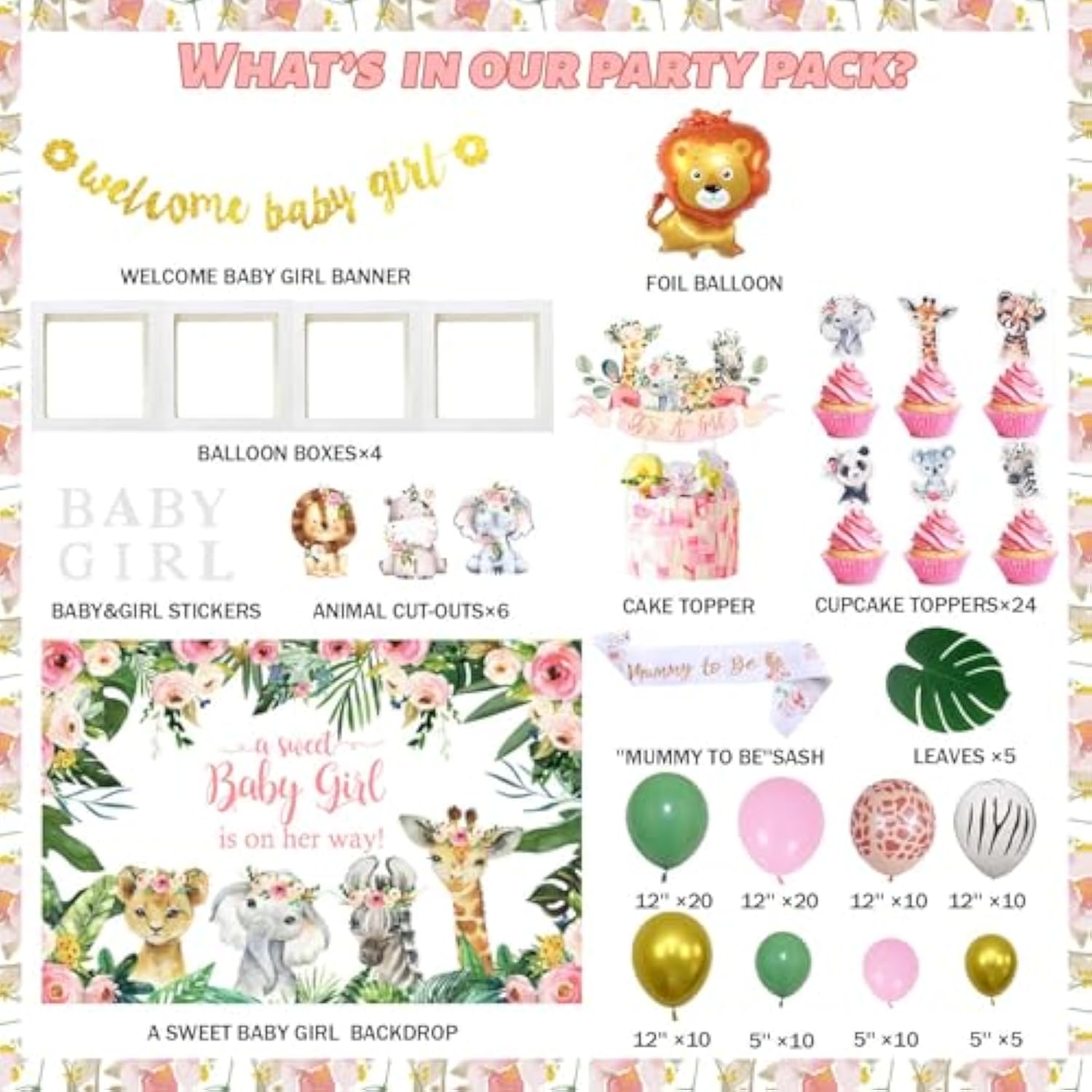 140pcs Pink Safari Baby Shower Decor Jungle Theme Balloons Backdrop & More