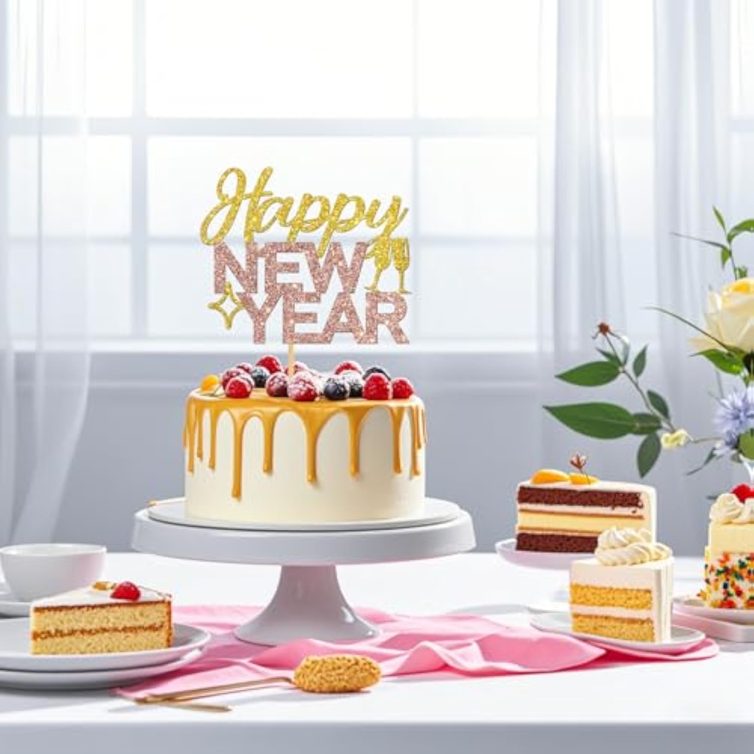 Gold Glitter New Year 2026 Cake Topper Wall Table Party Decoration