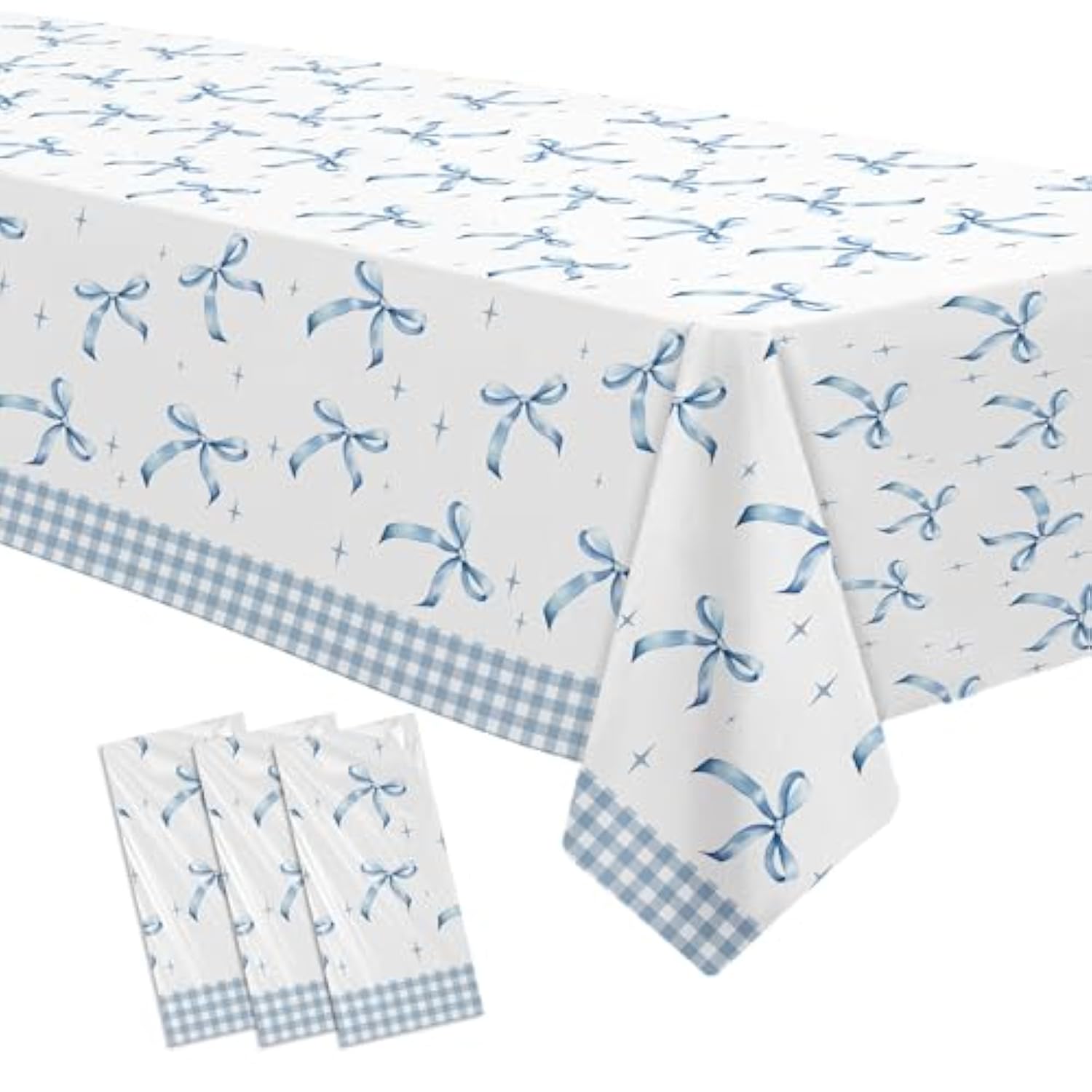 Blue Bow Party Tablecloths – 3-Pack Coquette Disposable Covers for Birthday & Shower