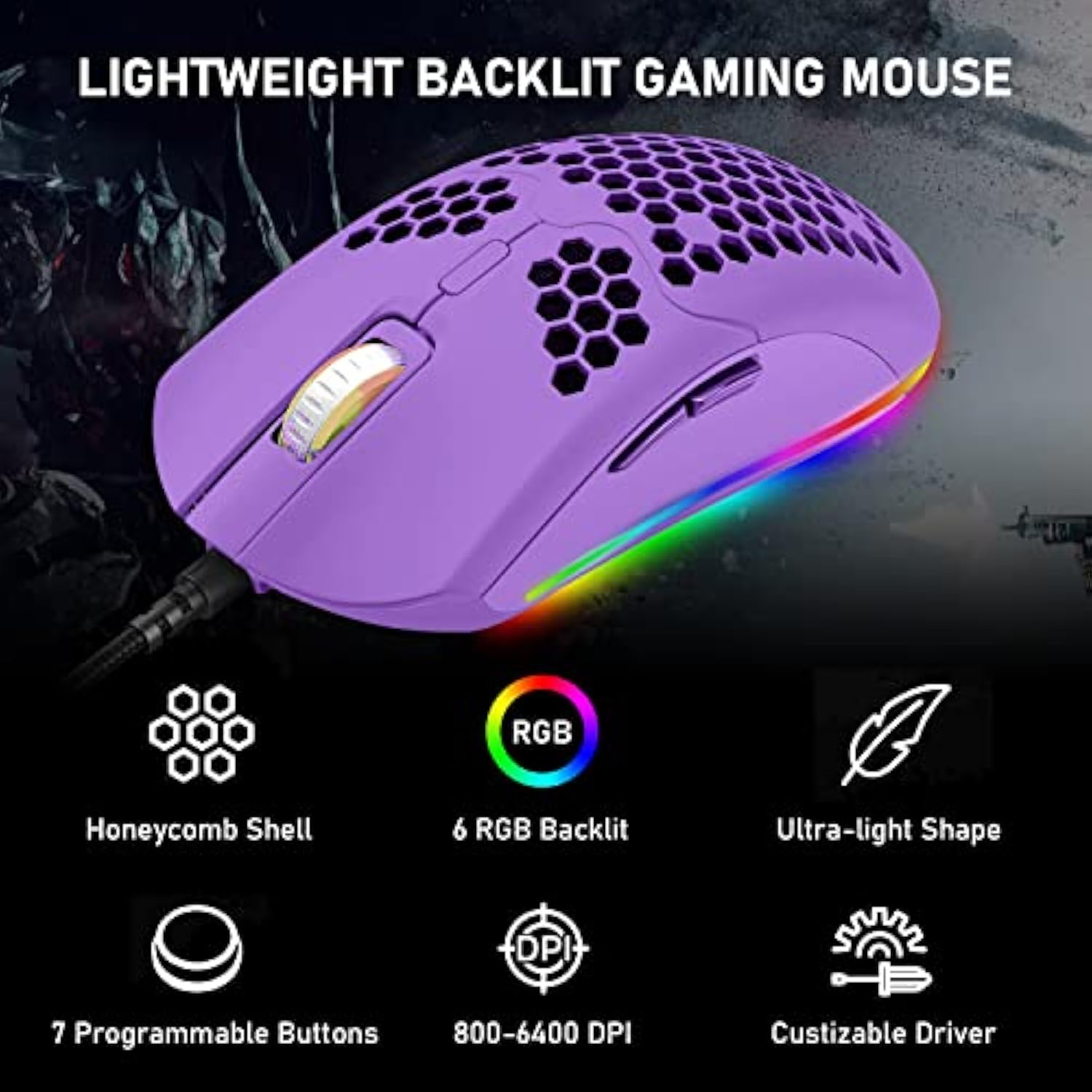 Wired Lightweight Gaming Mouse,6 Rgb Backlit Mouse With 7 Buttons Programmable Driver,6400Dpi Computer Mouse