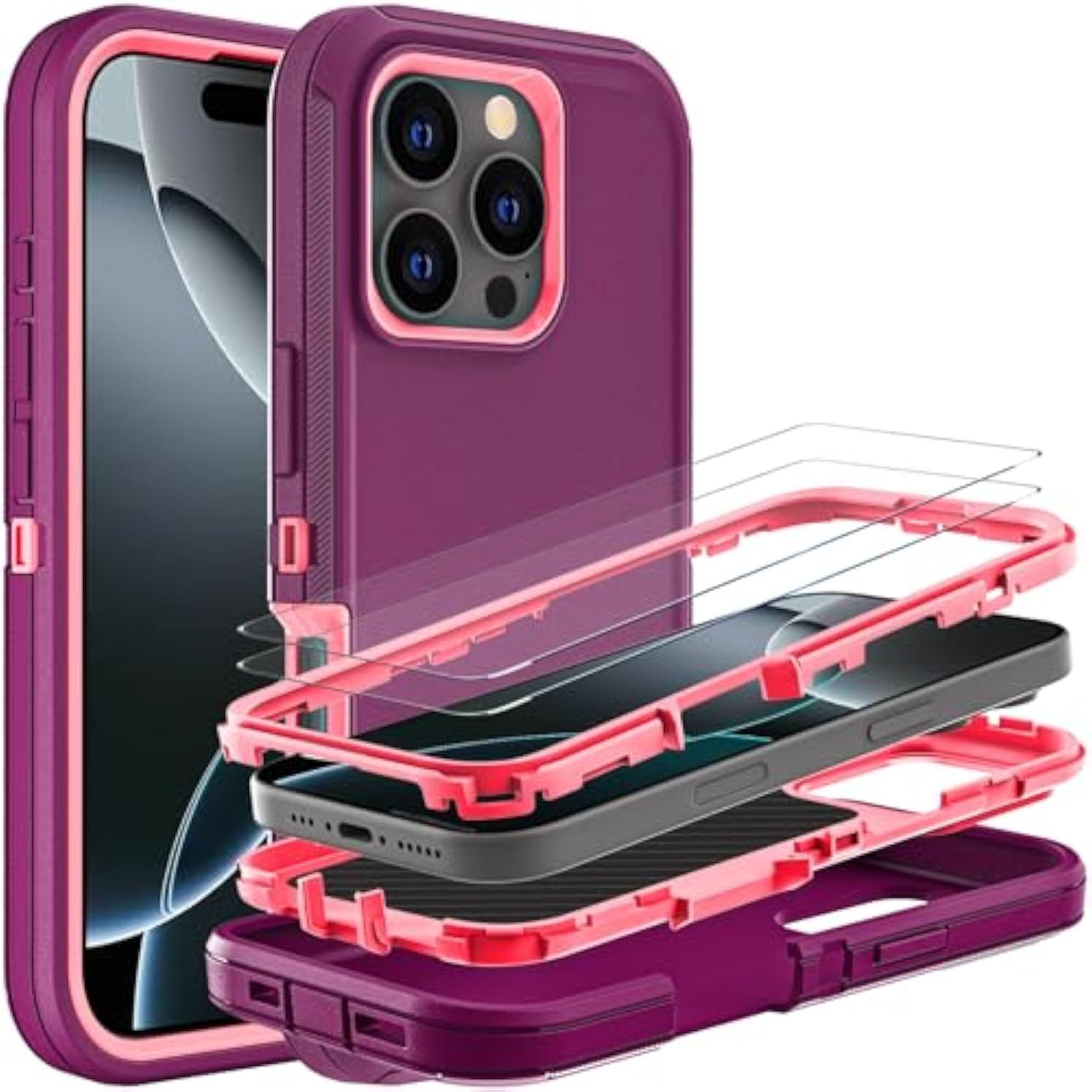 For Iphone 16 Pro Case, Military Grade 3 In 1 Heavy Duty Shockproof/Drop Proof/Dust Proof Case With 2Pcs Tempered Glass Screen Protector (Purple/Pink)