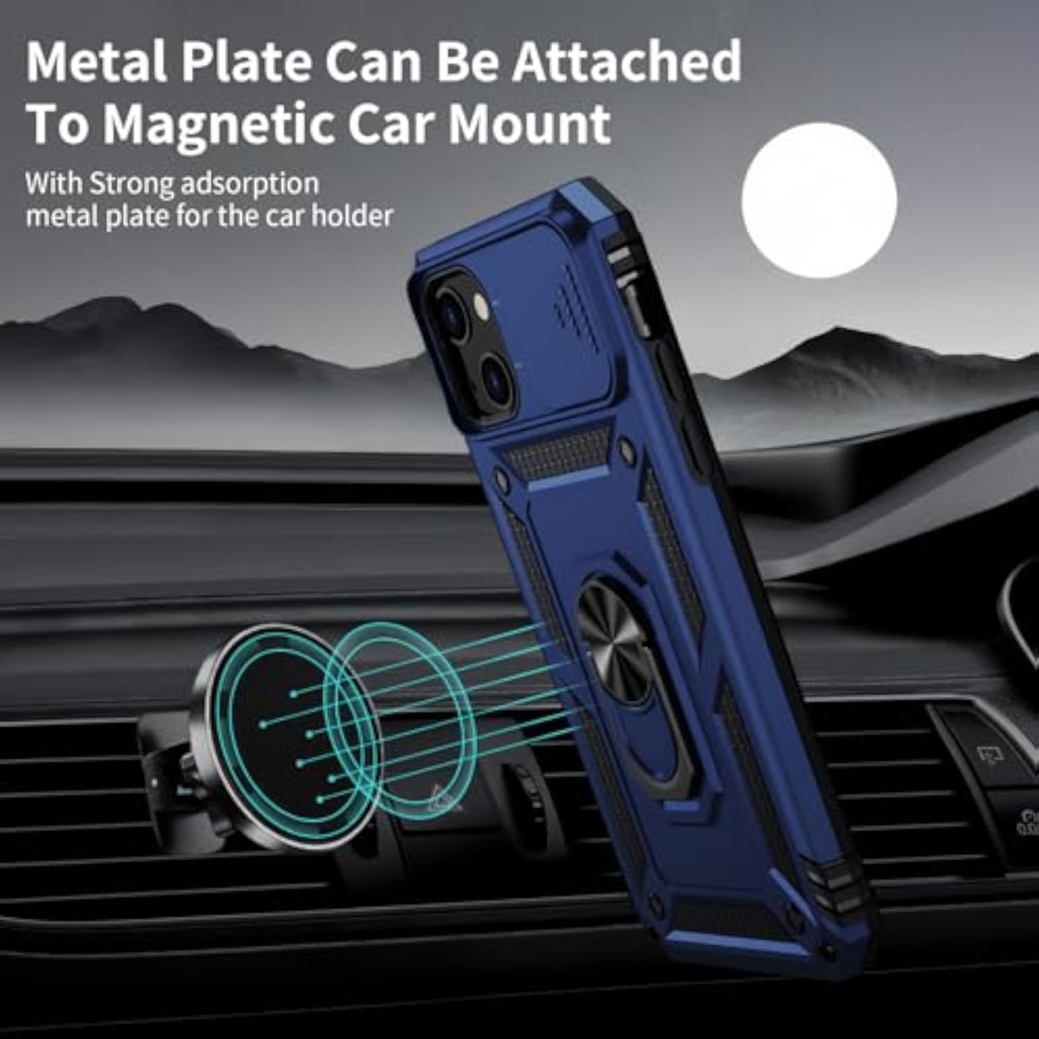 Navy Blue iPhone 14 Plus Case with Camera Lens Cover, HD Screen Protector, 10 FT Military Grade Drop Protection, Magnetic Ring Holder Kickstand Protective Phone Case