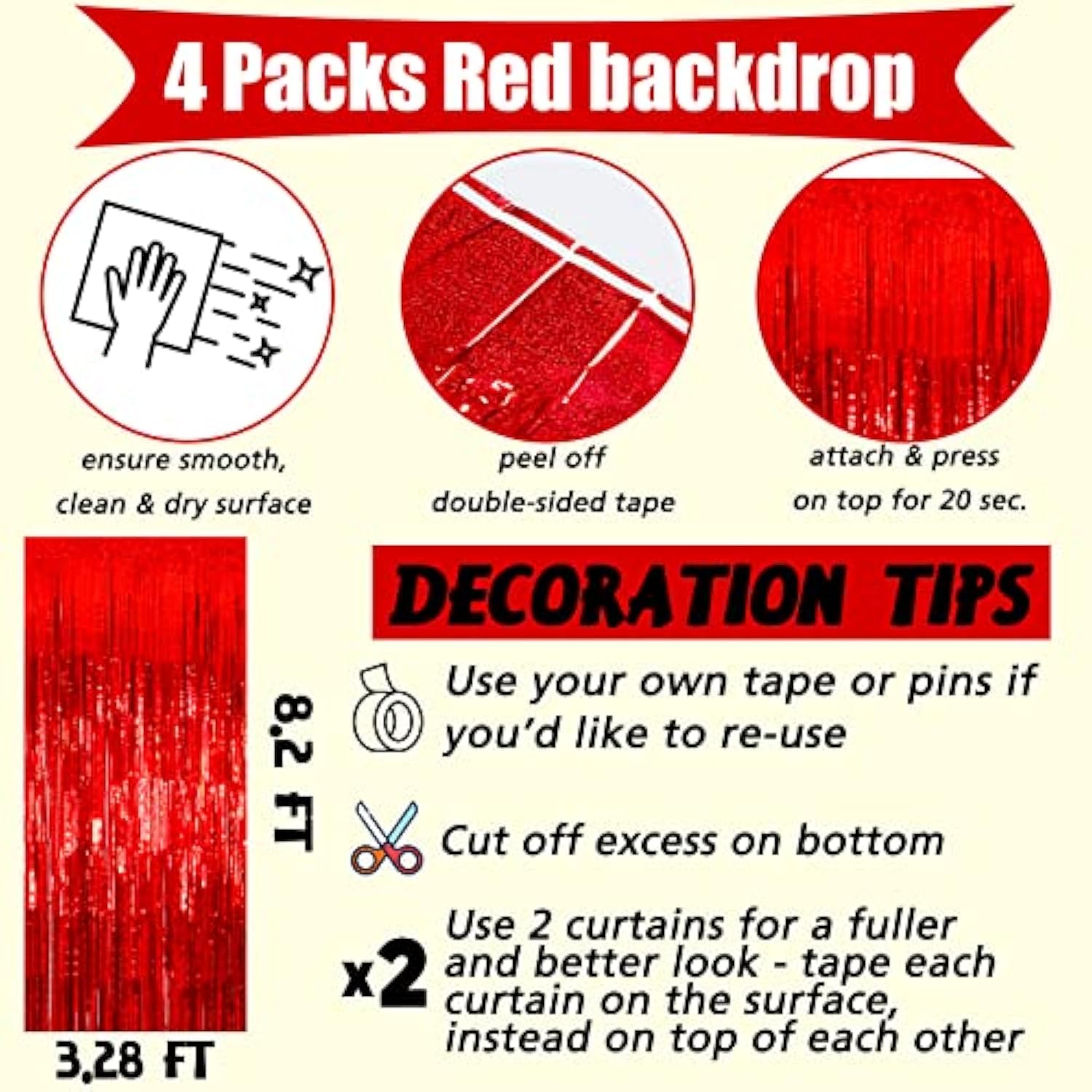 4 Pack 3.2Ft X 8.2Ft Red Fringe Curtain Backdrop, Sparkle Metallic Tinsel Foil Fringe Streamers Background For Photo Booth Birthday Wedding Baby Shower Halloween Christmas Party Decorations