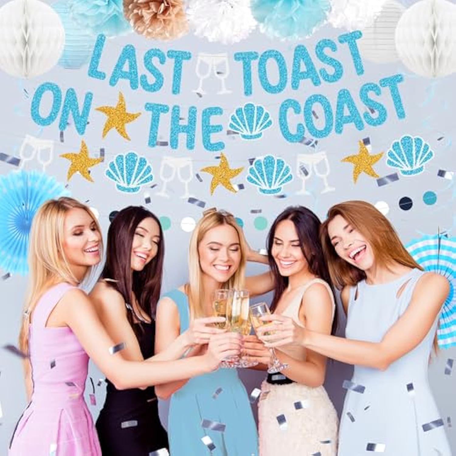 Bachelorette Party Decorations, Blue Beach Bride Shower Decor Pom Poms Hanging Banner Swirls For Women, Last Toast On The Coast Bridal Shower Wedding Decoration, Bride To Be Party Supply