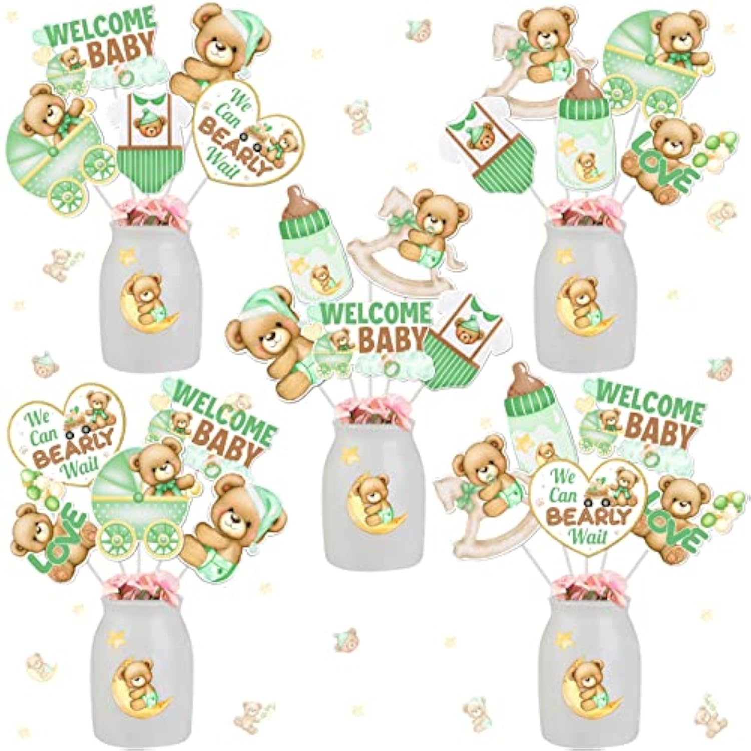 24 Pcs Bear Baby Shower Centerpiece Sticks Sage Green - We Can Bearly