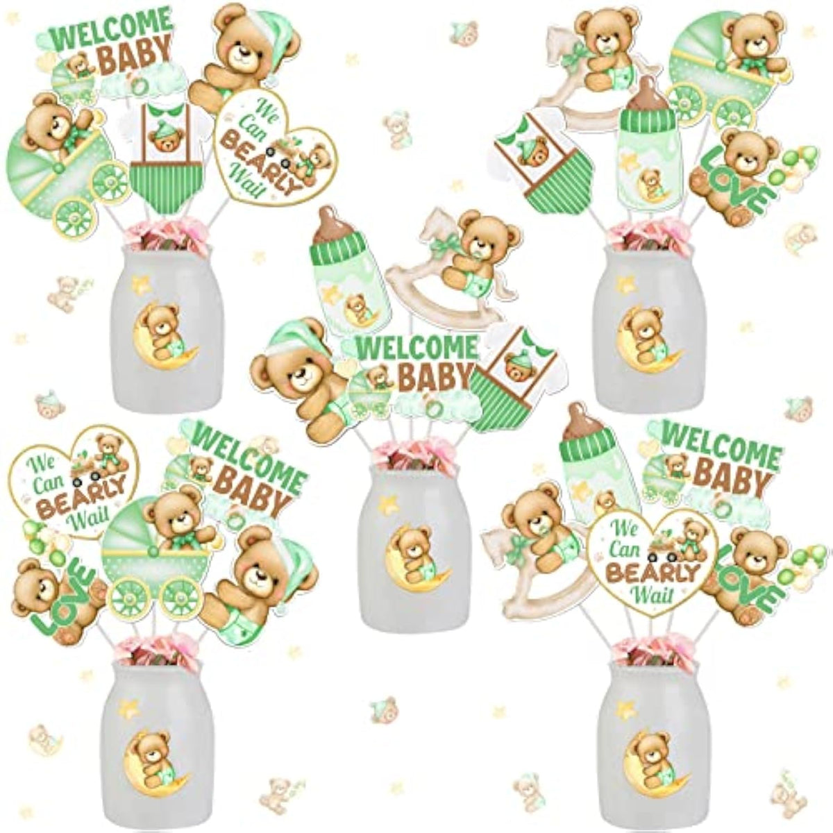 24 Pcs Bear Baby Shower Centerpiece Sticks Sage Green - We Can Bearly