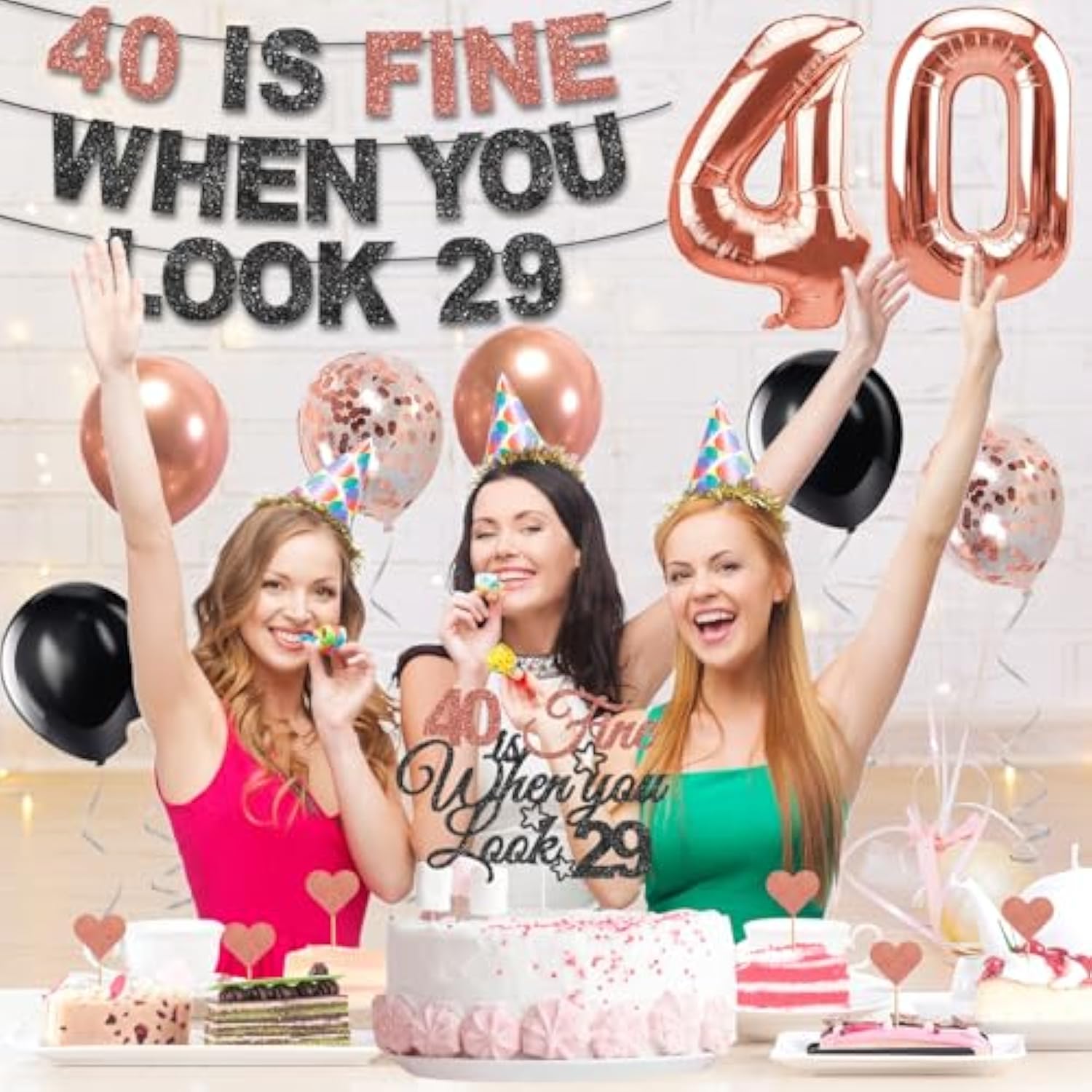 40Th Birthday Decorations For Women, Pre-Strung 40 Is Fine When You Look 29 Banner, Number 40 Balloons Cake & Cupcake Toppers Party Supplies Kit, 40 Year Old Birthday Party Decorations