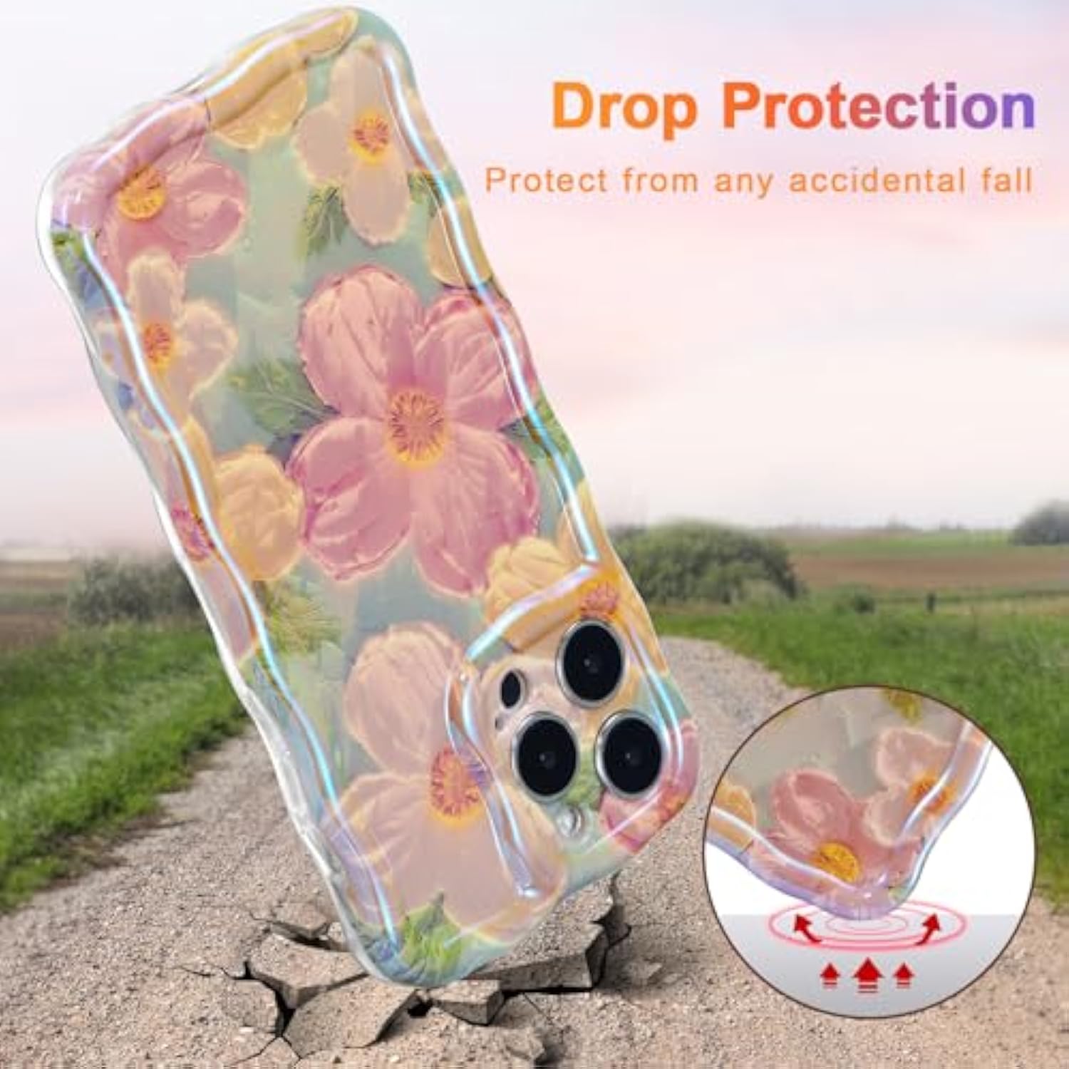 Case For Iphone 15 Pro Max, Colorful Retro Oil Painting Printed Flower Laser Glossy Pattern Cute Curly Wave Edge Exquisite Phone Cover Stylish Durable Tpu Protective Case For Girls Women-Green