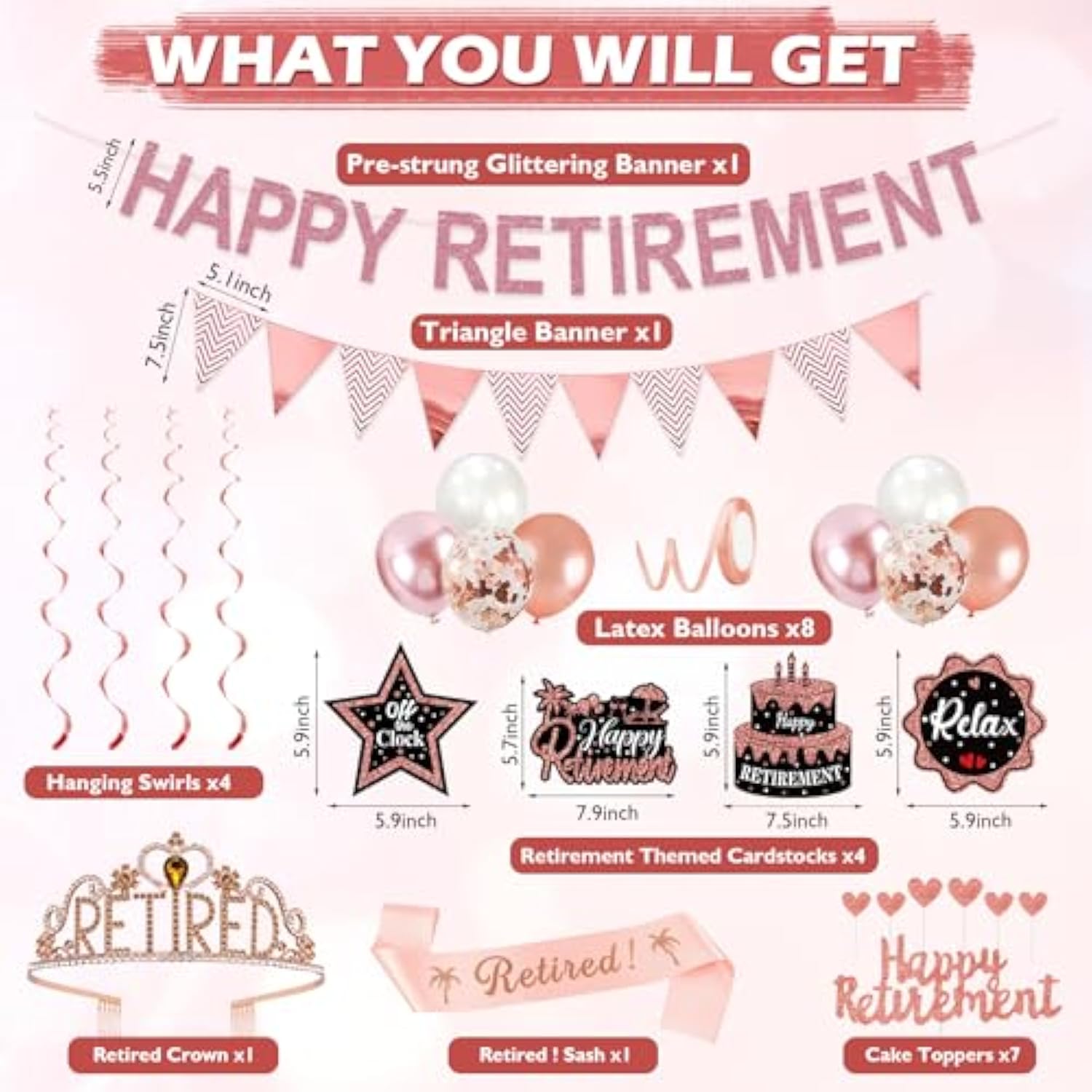 Rose Gold Retirement Party Decorations For Women, Retired Crown And Sash Retirement Backdrop Balloons Cake Toppers Hanging Swirls Retired Parties Supplies 24Pcs