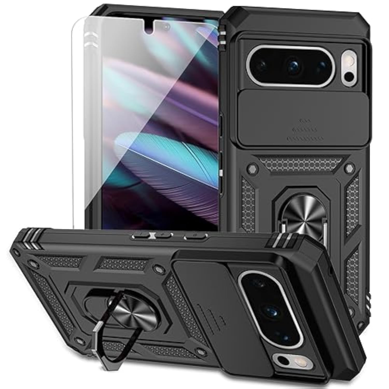 Google Pixel 8 Pro Case with Slide Camera Cover HD Screen Protector, Military Grade 16ft Drop Tested, Magnetic Ring Holder Kickstand Protective Phone Case for Google Pixel 8 Pro 2023, Black