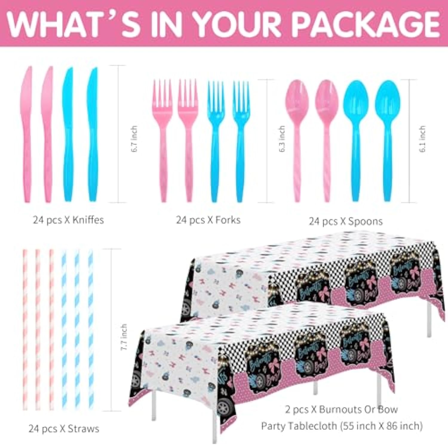 Burnouts Or Bows Gender Reveal Decorations Tableware, Boy Or Girl Gender Reveal Party Supplies, Plate, Cup, Napkin, Cutlery, Tablecloth, Race Car Vs Bows Baby Shower Decorations, Serves 24
