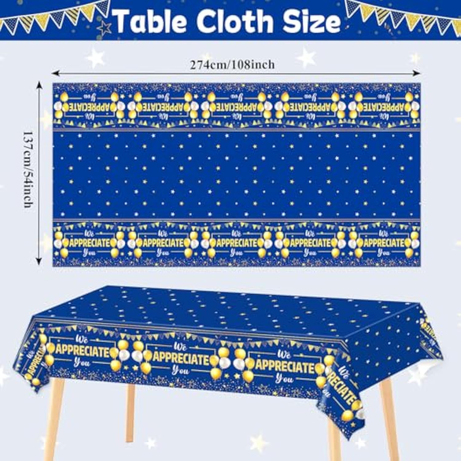 3Pcs We Appreciate You Table Cloths Thank You Decorations For Work Anniversary Party Disposable Plastic Blue Gold Table Cover For Coworker Employee Volunteer Teacher Appreciation Office Supplies Favor