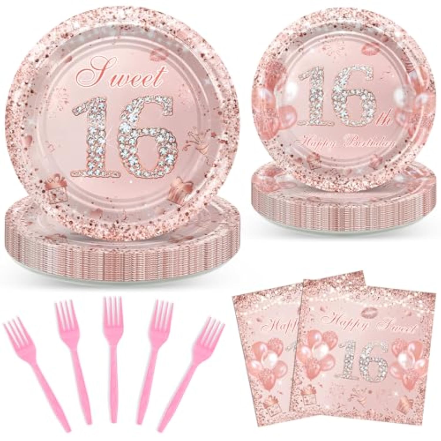 96 Pcs Rose Gold Sweet 16 Birthday Party Paper Plates And Napkins Girls Sweet 16 Decorations Sweet Sixteen Birthday Party Disposable Paper Tableware Serve 24
