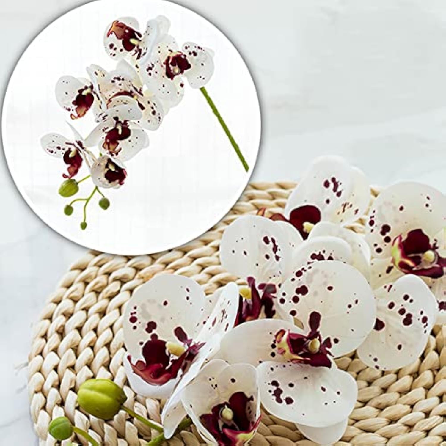 5 Pcs Artificial Orchid Flowers And 2 Bundles Leaves?White With Spots Artificial Phalaenopsis Flowers 28 Inch Stem Plants For Home Wedding Decoration
