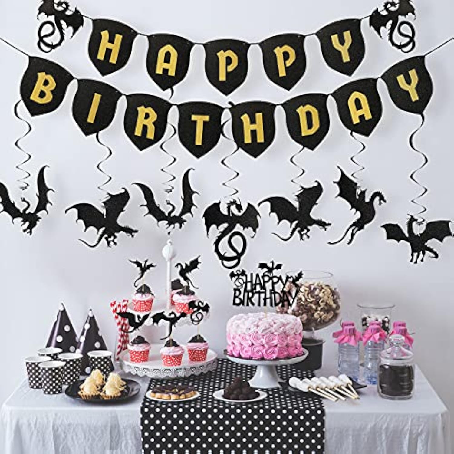 44 Pieces Dragon Party Supplies Dragon Theme Cake Decoration Happy Birthday Hanging Banner Swirls Cupcake Toppers Set For Birthday Party Supplies